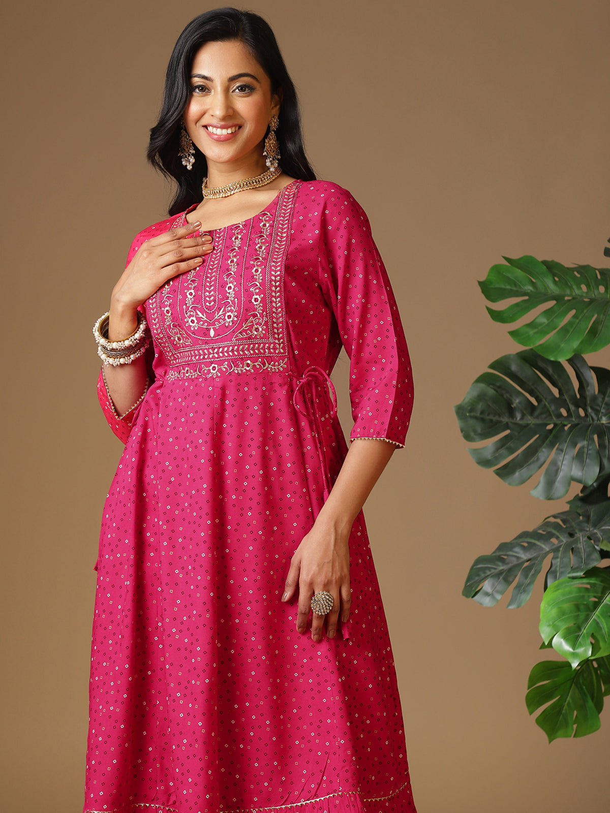 Buy Rayon Yoke Embroidered Ethnic Printed Calf Length Flared Kurta-Pink