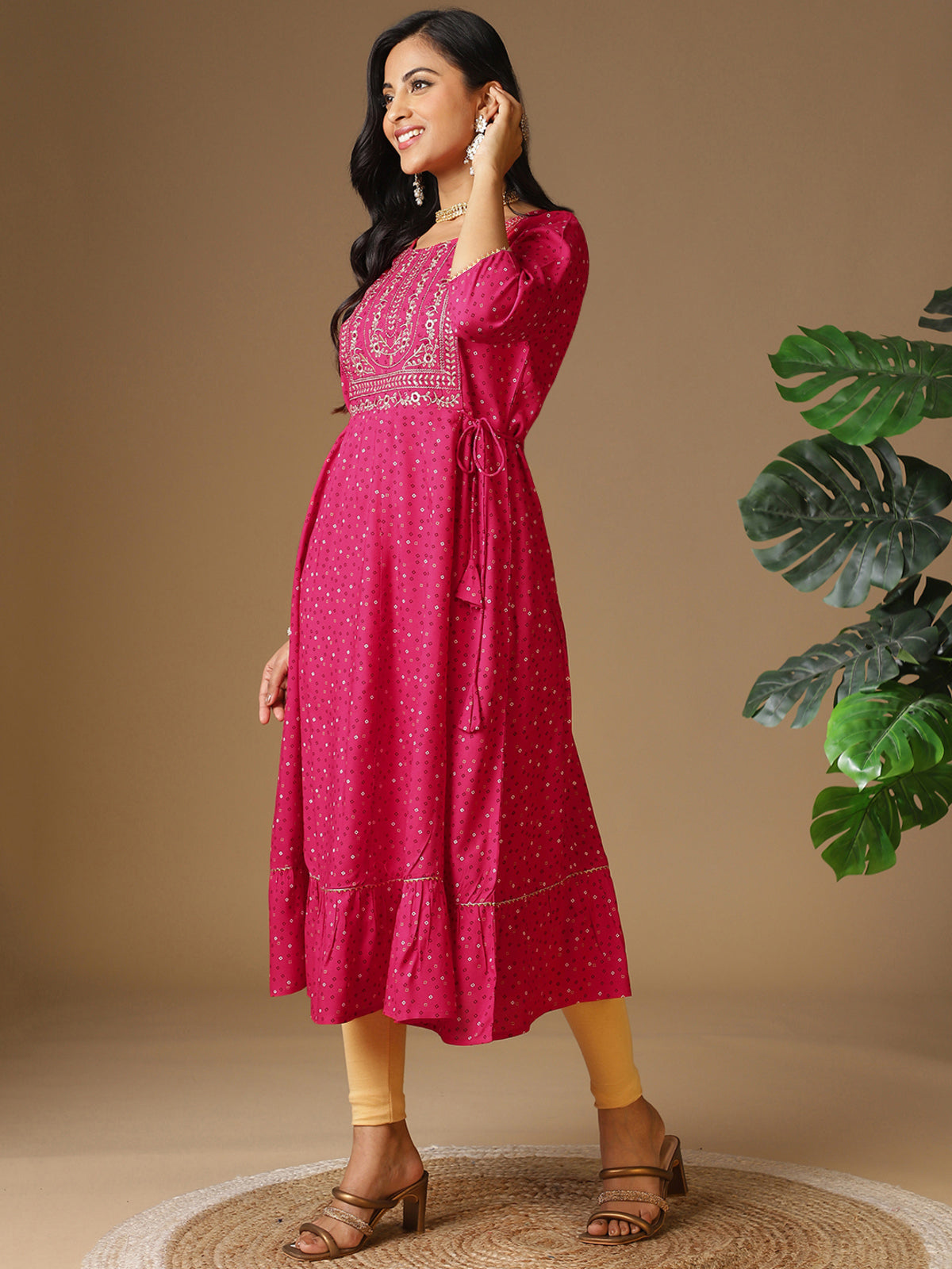 Buy Rayon Yoke Embroidered Ethnic Printed Calf Length Flared Kurta-Pink