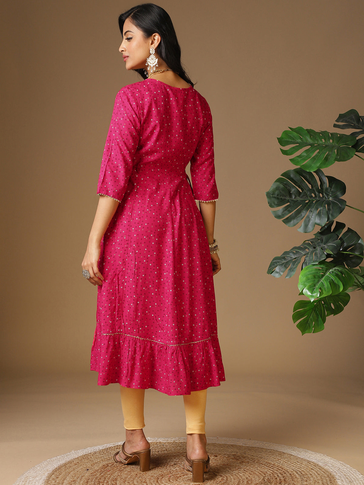 Buy Rayon Yoke Embroidered Ethnic Printed Calf Length Flared Kurta-Pink