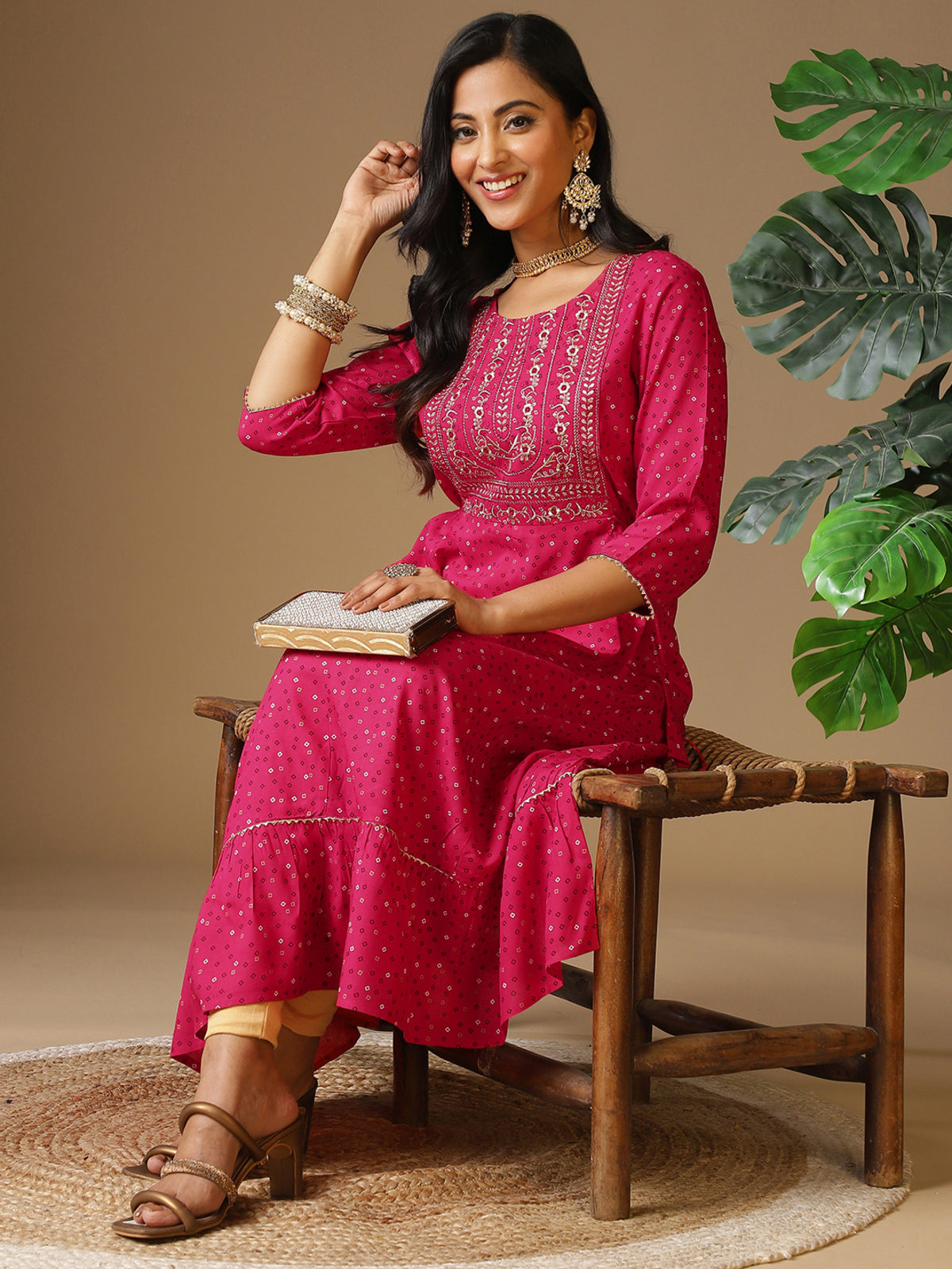 Buy Rayon Yoke Embroidered Ethnic Printed Calf Length Flared Kurta-Pink