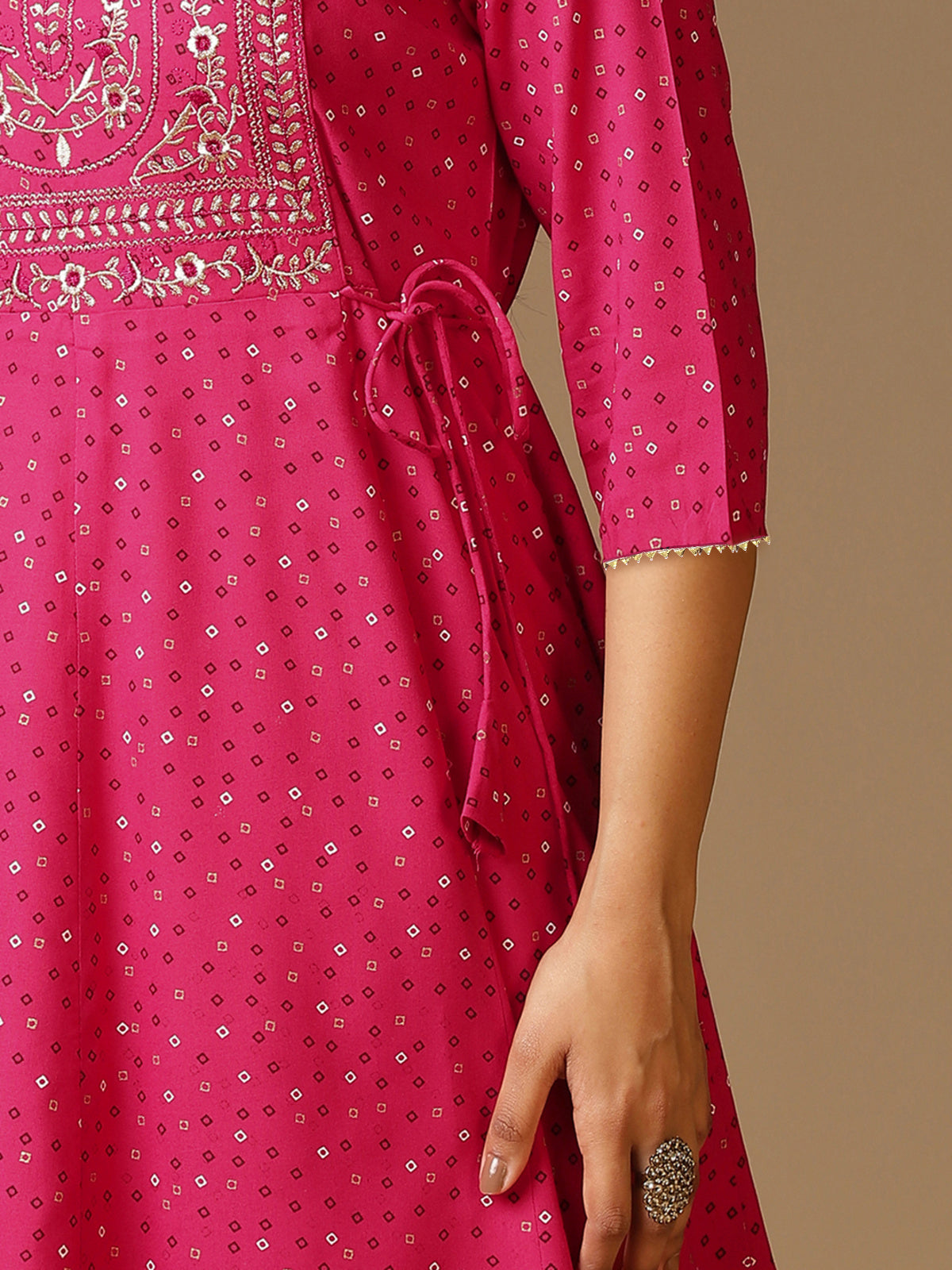 Buy Rayon Yoke Embroidered Ethnic Printed Calf Length Flared Kurta-Pink