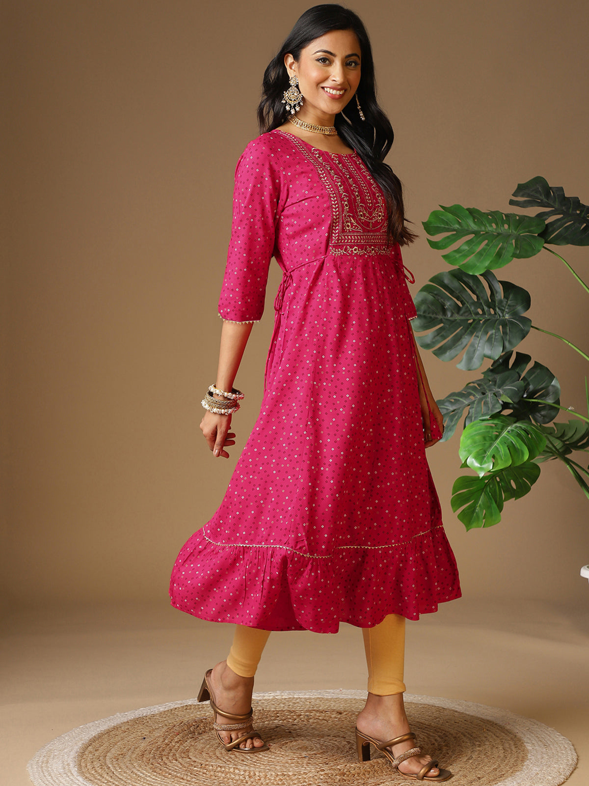 Buy Rayon Yoke Embroidered Ethnic Printed Calf Length Flared Kurta-Pink