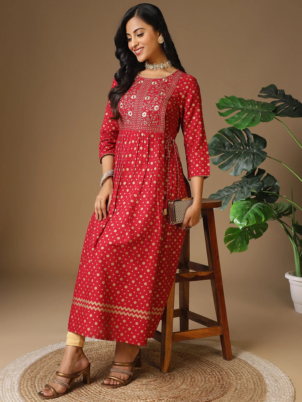 Buy Rayon Embroidered Calf Length Flared Kurta with Waist Tie up-Maroon