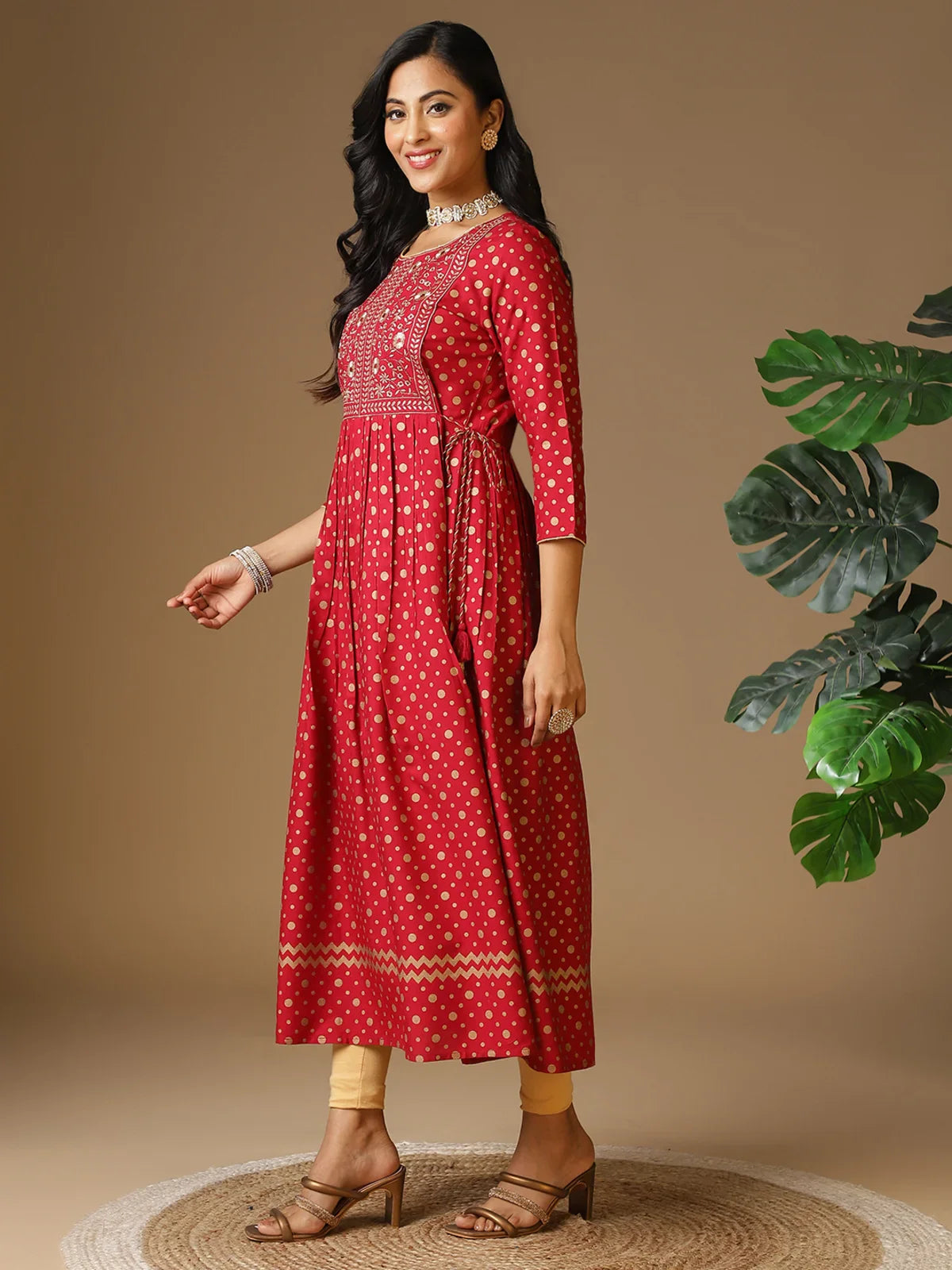 Buy Rayon Embroidered Calf Length Flared Kurta with Waist Tie up-Maroon