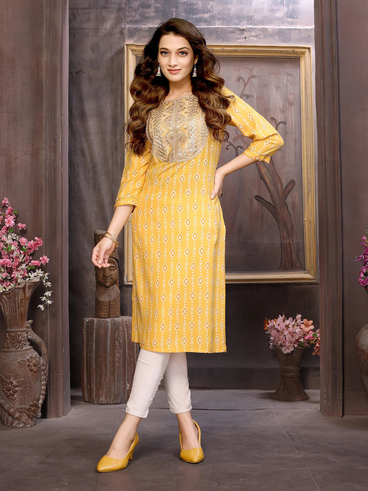 Buy Rayon Lace Embellished Yoke Calf Length Straight Kurta-Yellow