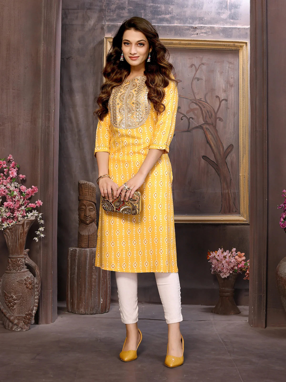 Buy Rayon Lace Embellished Yoke Calf Length Straight Kurta-Yellow