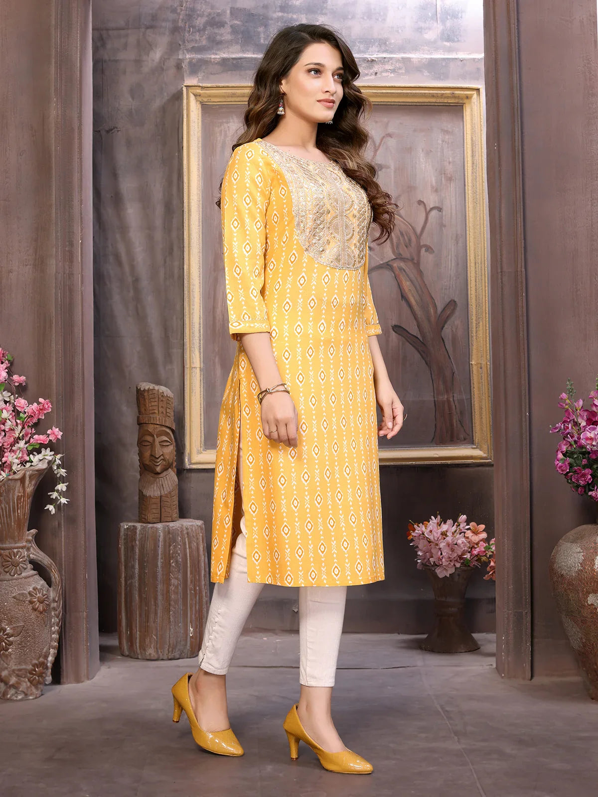 Buy Rayon Lace Embellished Yoke Calf Length Straight Kurta-Yellow