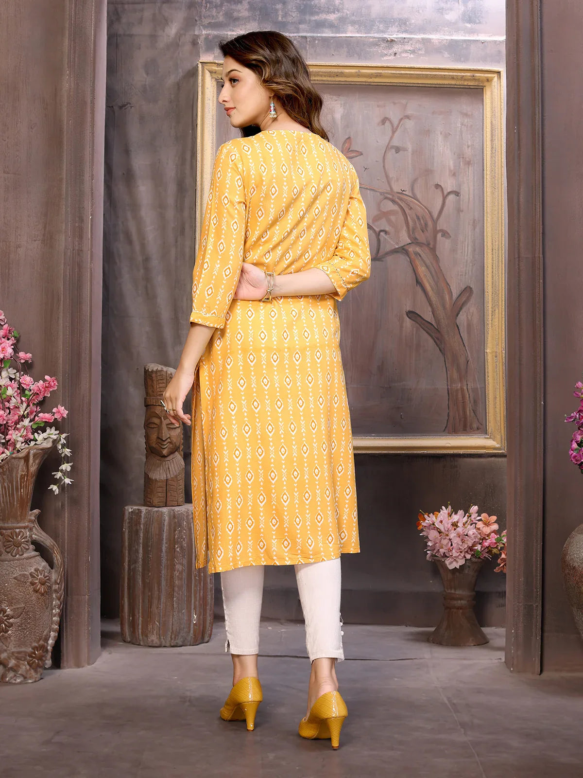 Buy Rayon Lace Embellished Yoke Calf Length Straight Kurta-Yellow