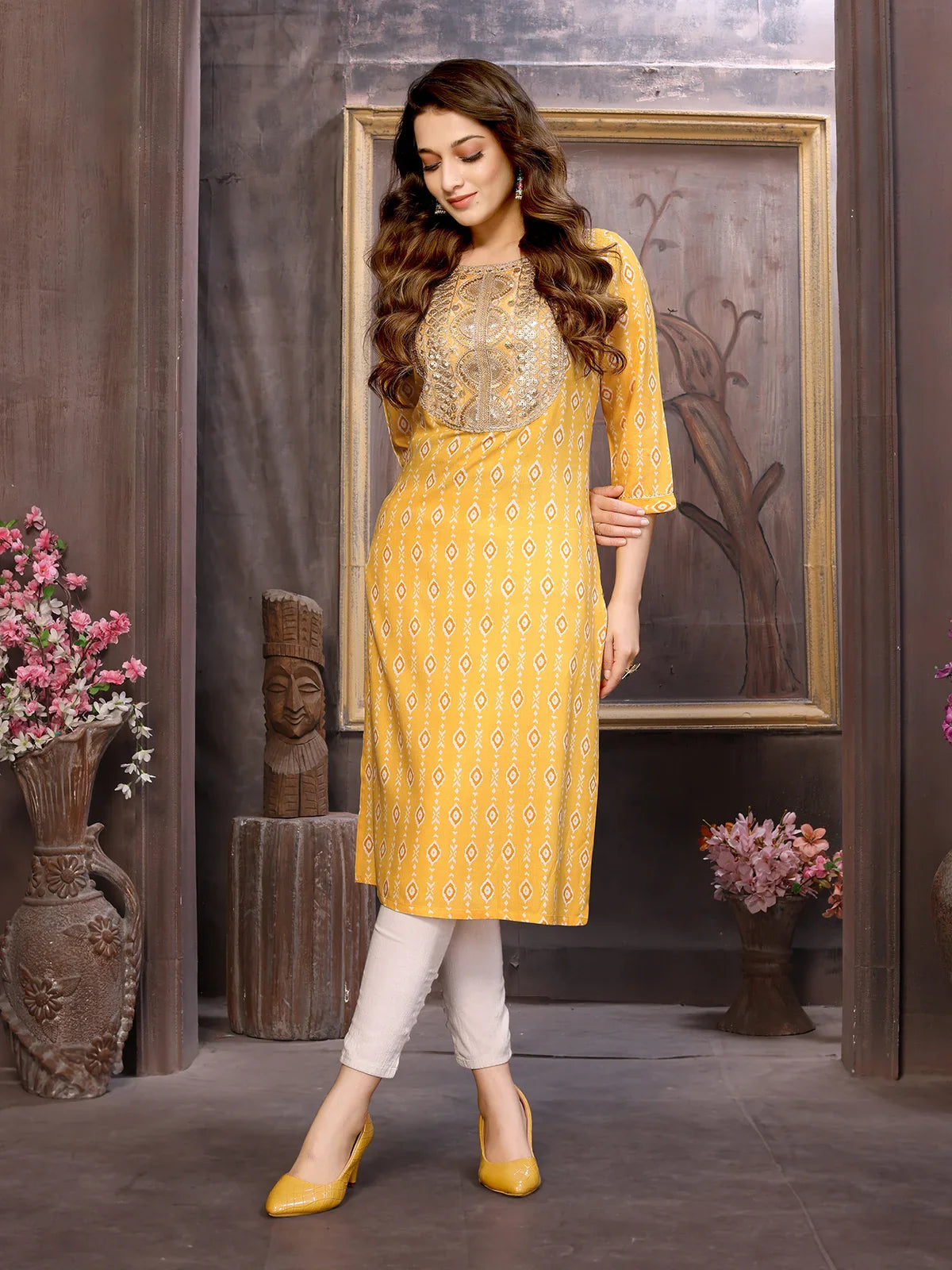 Buy Rayon Lace Embellished Yoke Calf Length Straight Kurta-Yellow