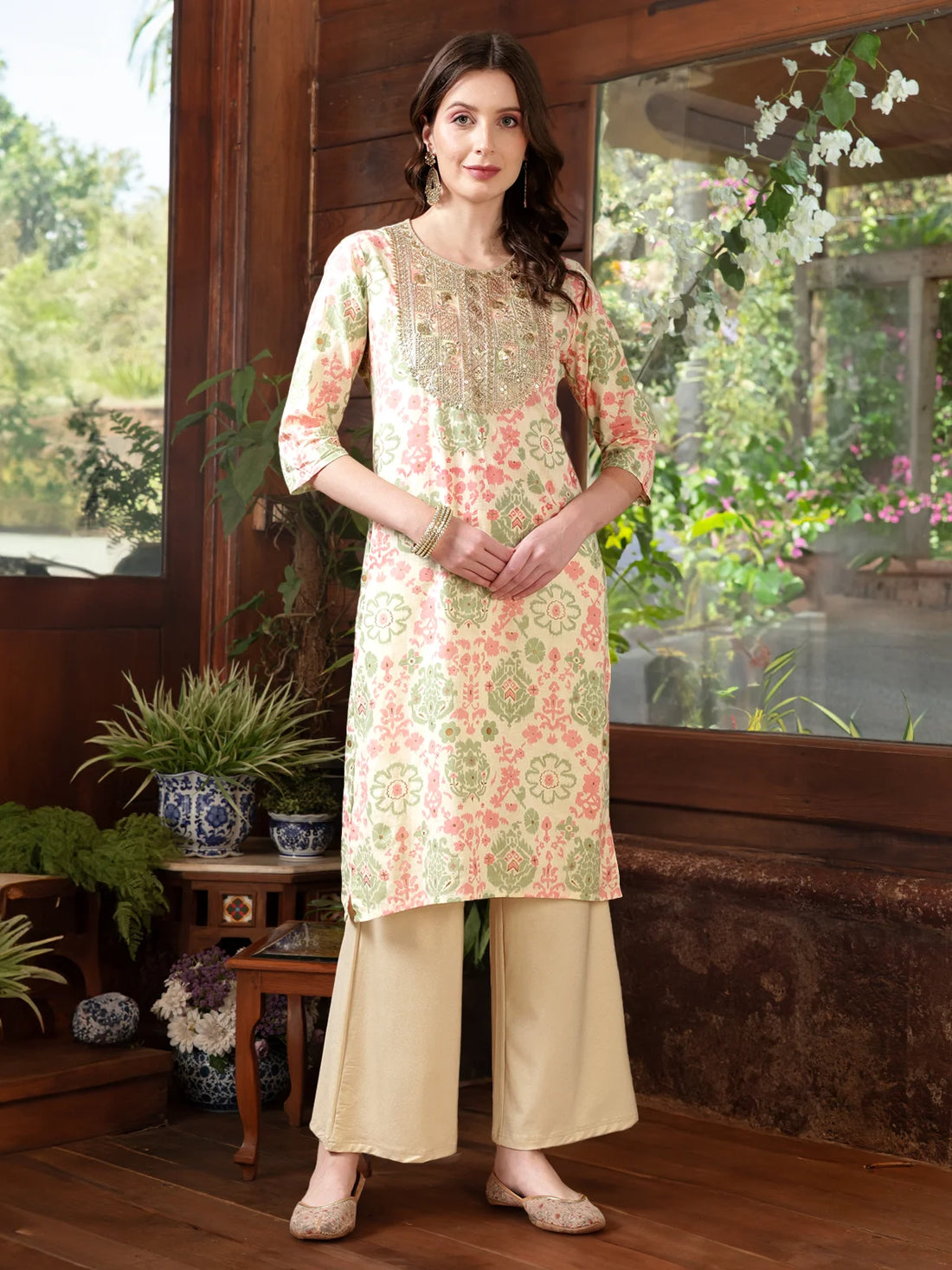 Buy Cotton Embroidered Knee Length Straight Kurta-Cream