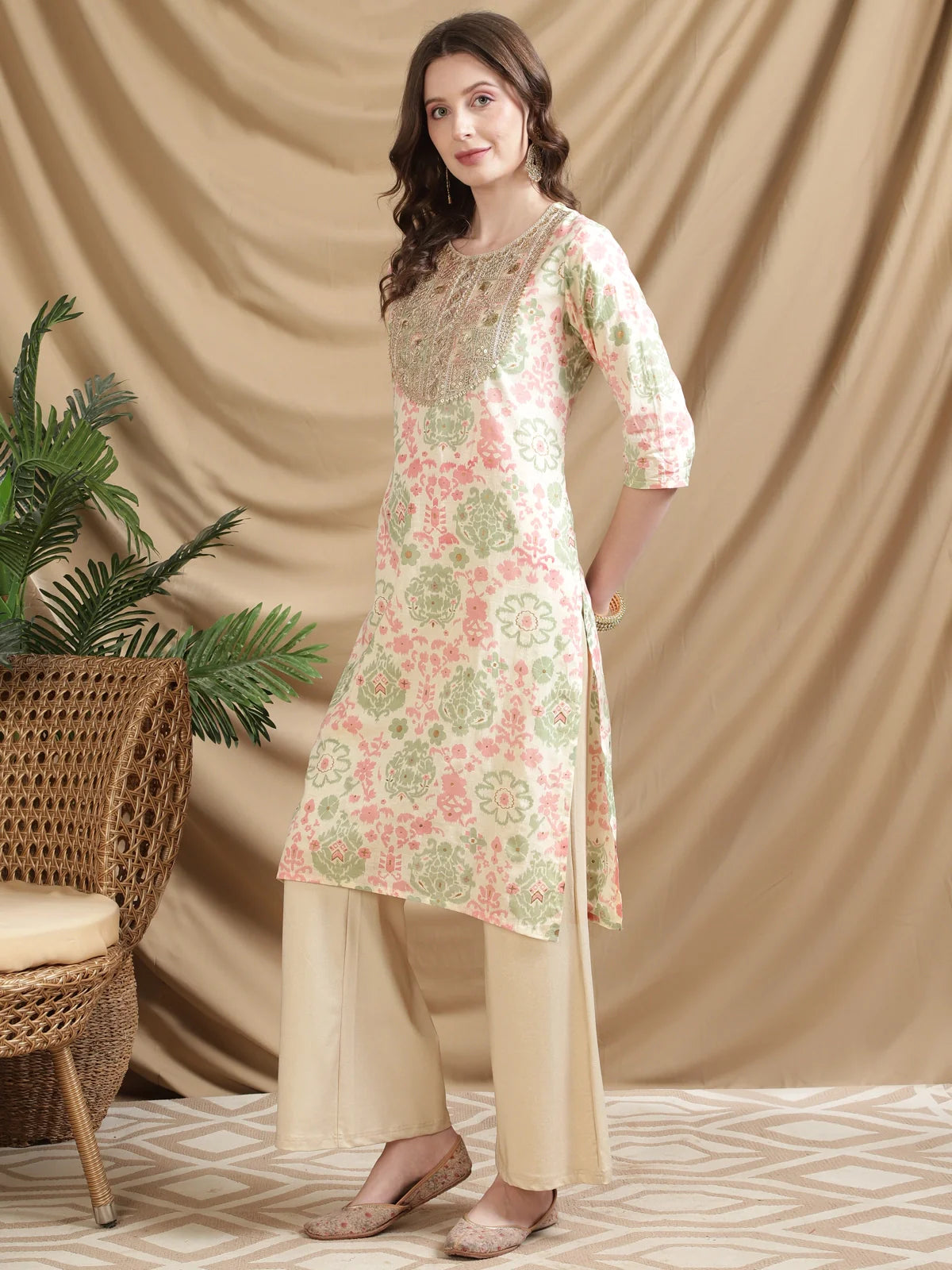 Buy Cotton Embroidered Knee Length Straight Kurta-Cream