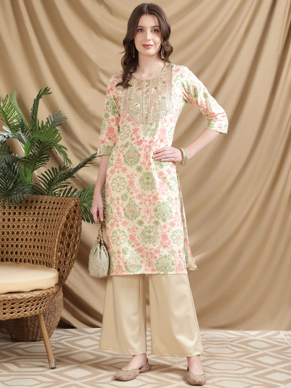 Buy Cotton Embroidered Knee Length Straight Kurta-Cream