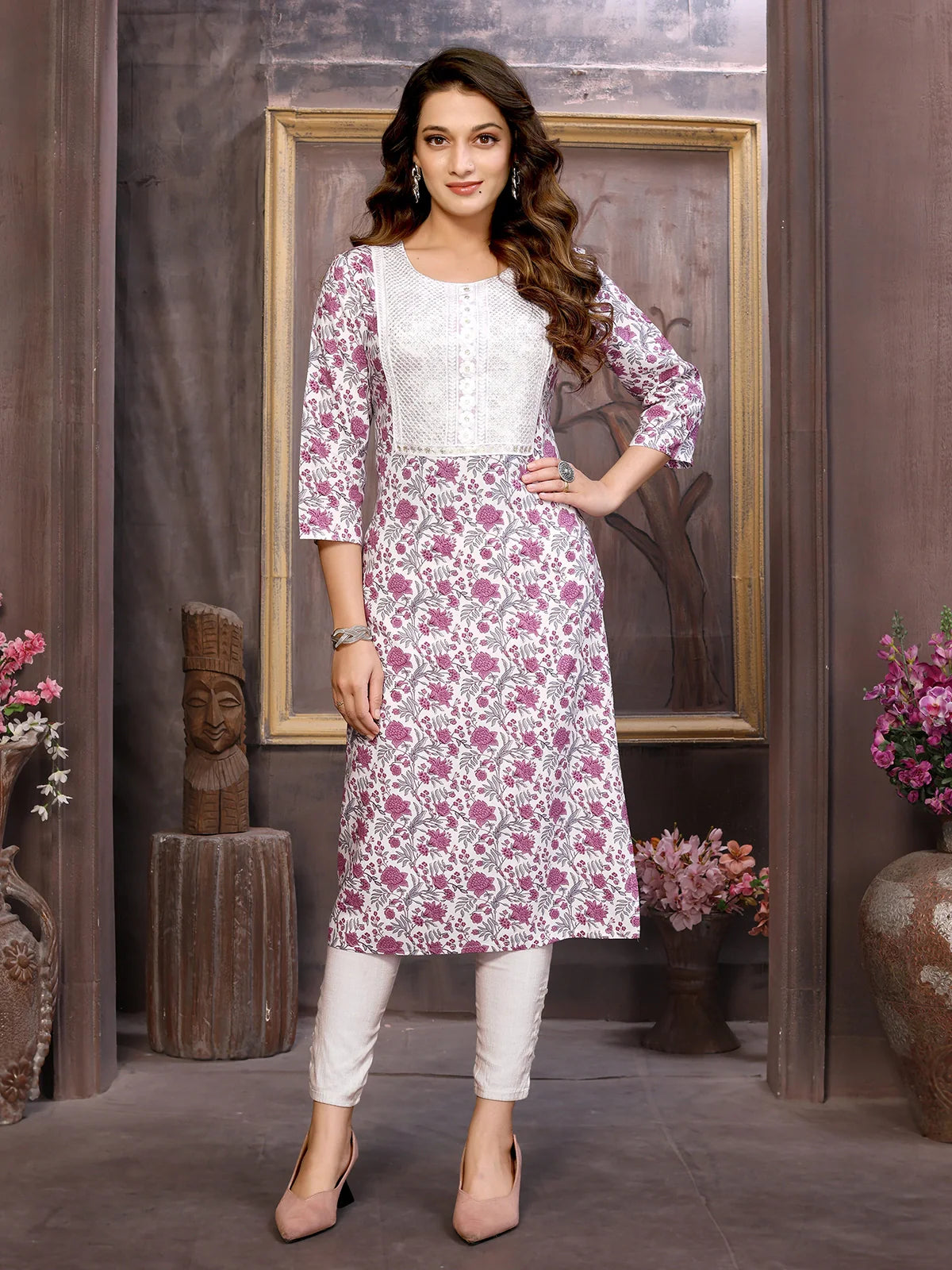 Buy Rayon Lace Embellished Yoke Calf Length Straight Kurta-Purple