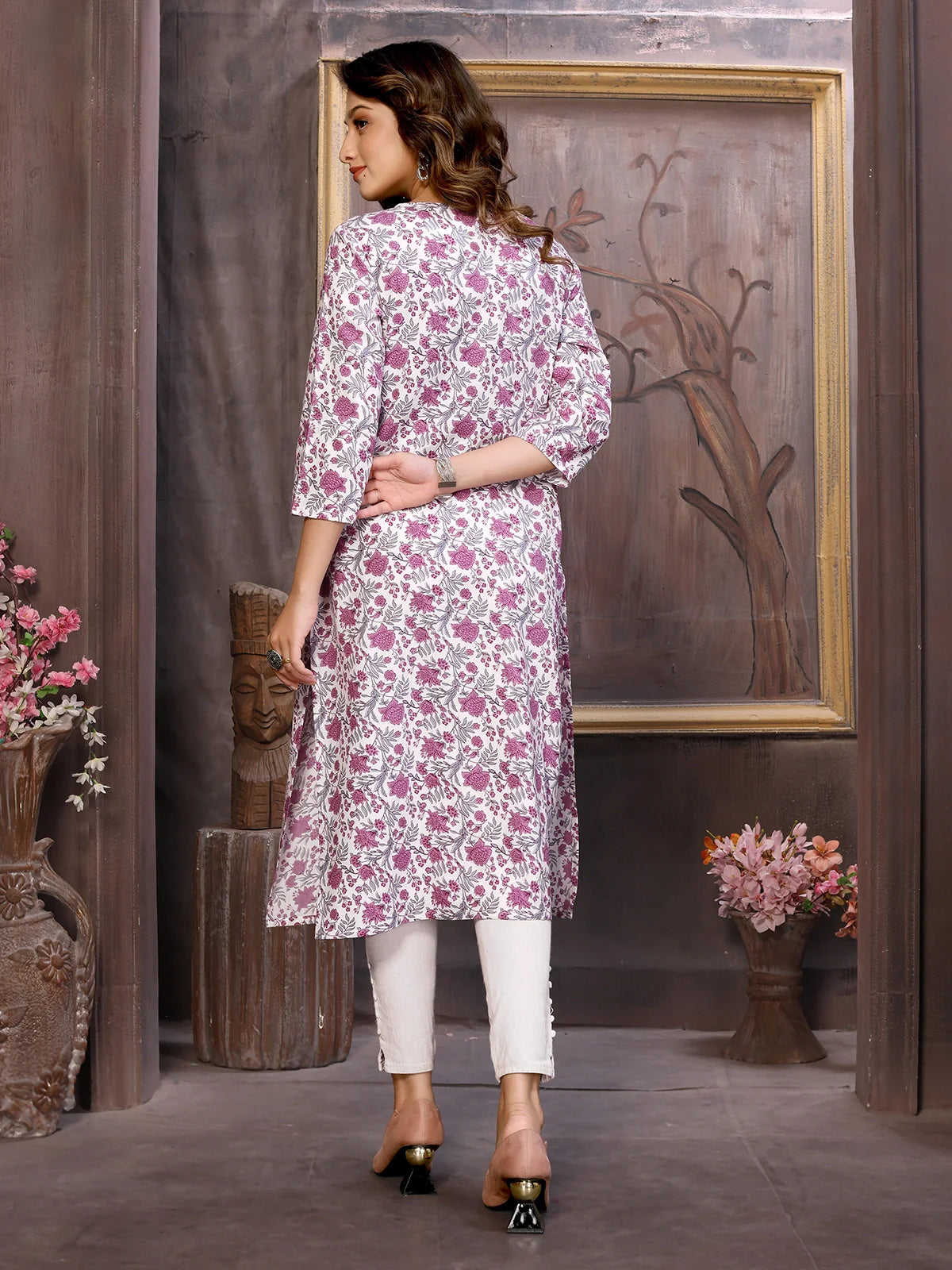 Buy Rayon Lace Embellished Yoke Calf Length Straight Kurta-Purple