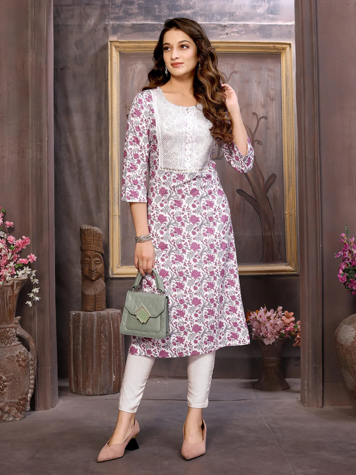 Buy Rayon Lace Embellished Yoke Calf Length Straight Kurta-Purple