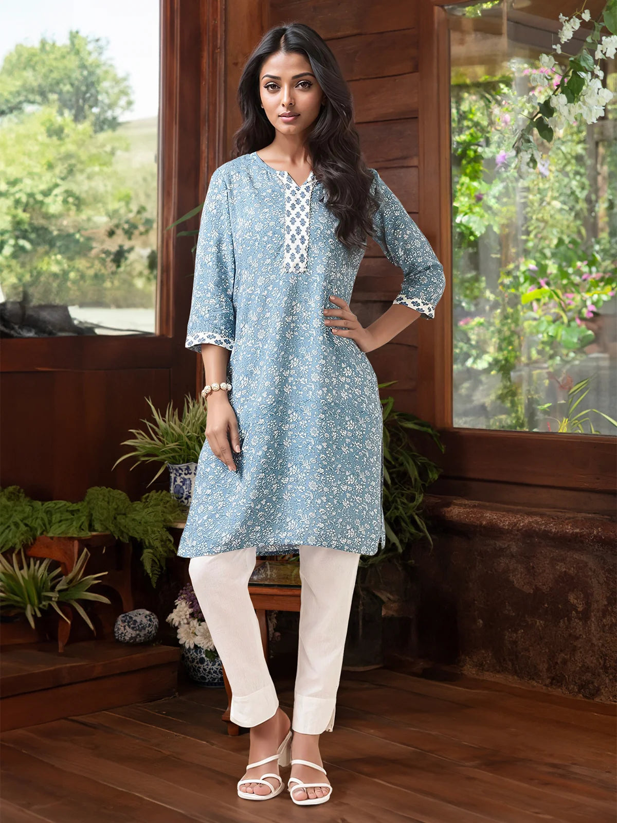 Buy Rayon Printed Knee Length Straight Kurta-Blue