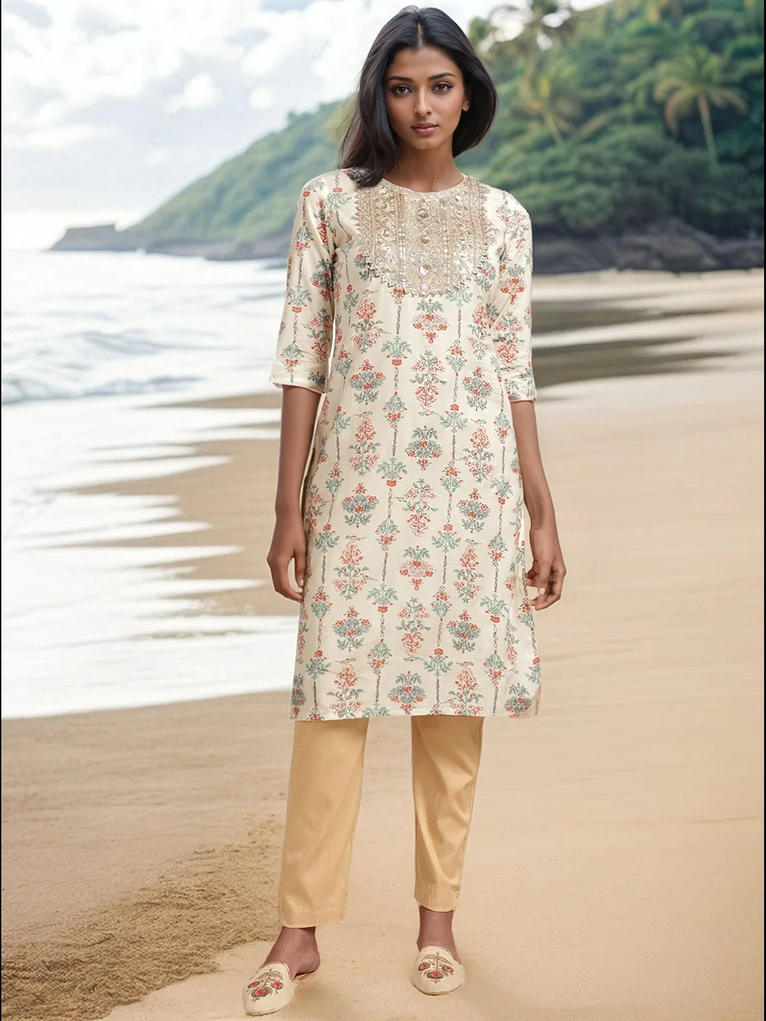 Buy Cotton Embroidered Knee Length Straight Kurta-Cream