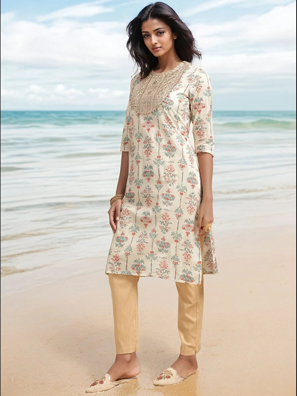 Buy Cotton Embroidered Knee Length Straight Kurta-Cream