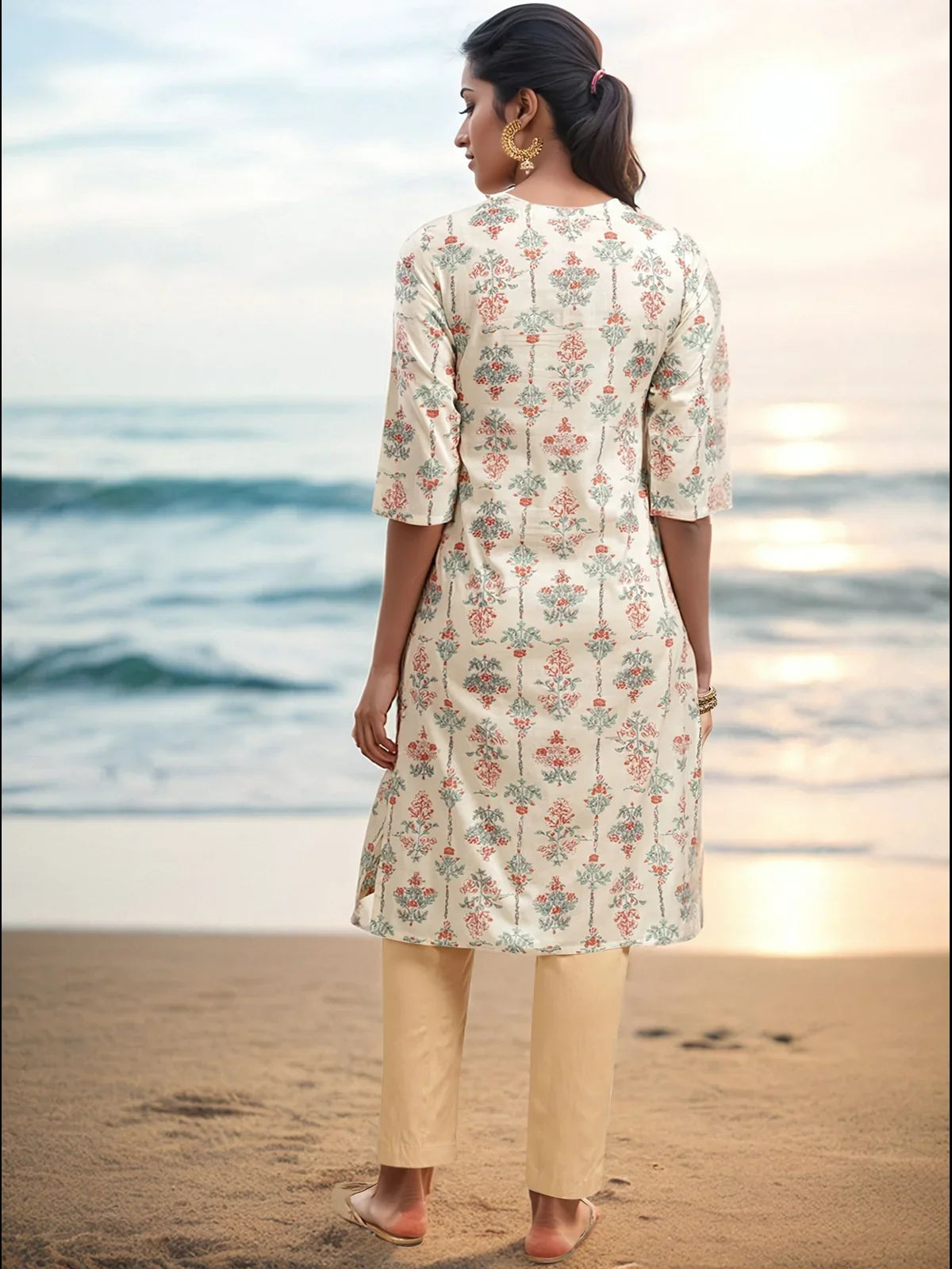 Buy Cotton Embroidered Knee Length Straight Kurta-Cream