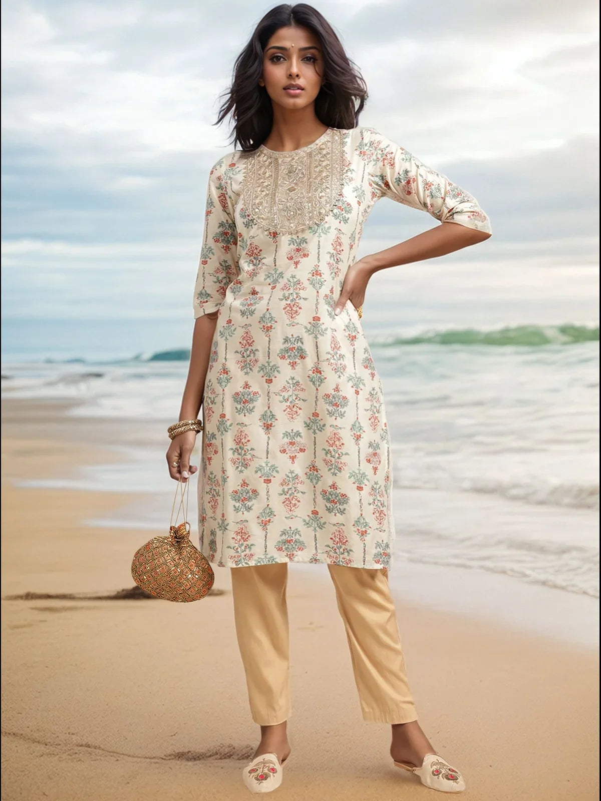 Buy Cotton Embroidered Knee Length Straight Kurta-Cream