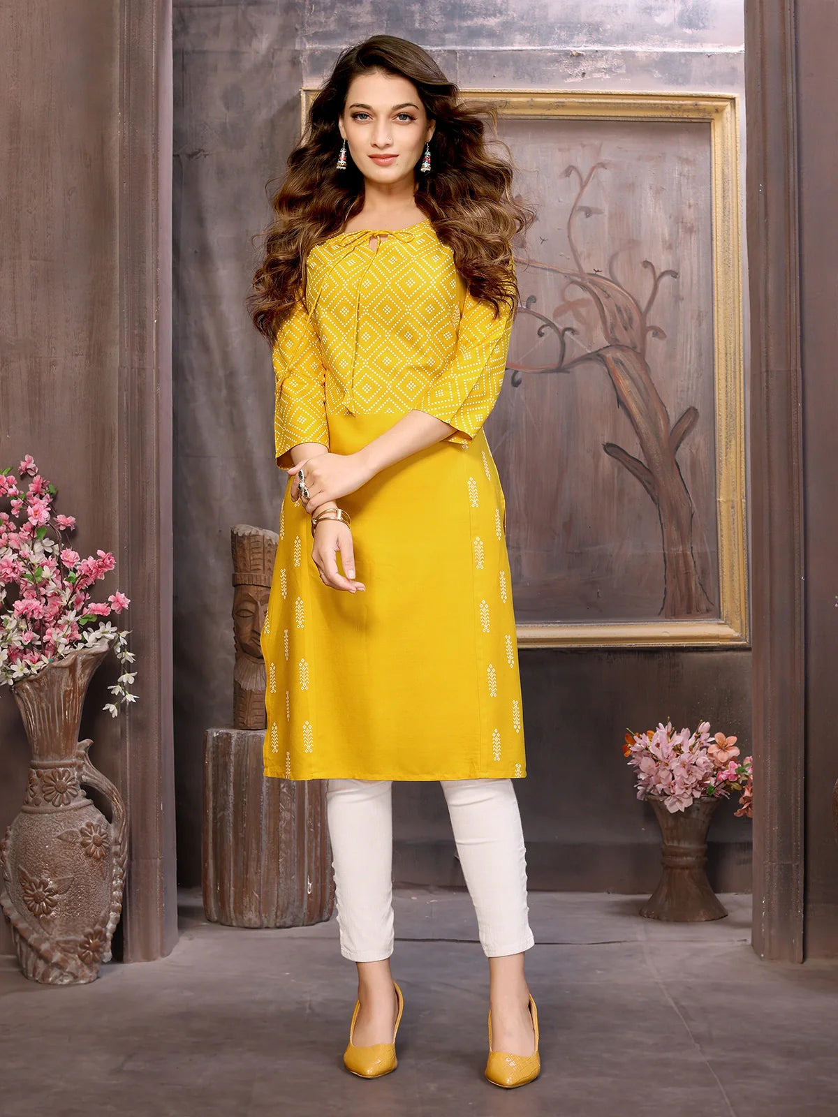 Buy Rayon Printed Calf Length Straight Kurta-Yellow