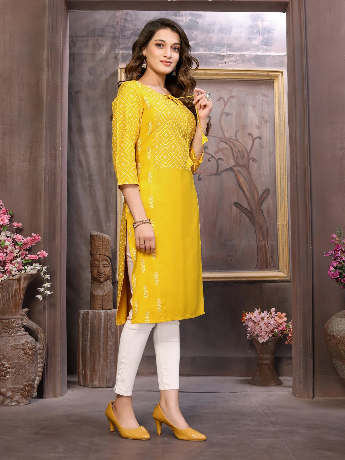 Buy Rayon Printed Calf Length Straight Kurta-Yellow