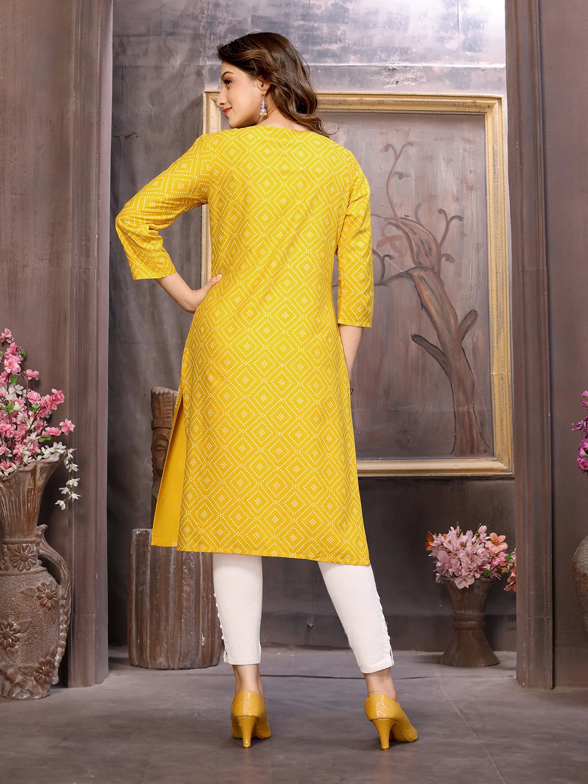 Buy Rayon Printed Calf Length Straight Kurta-Yellow