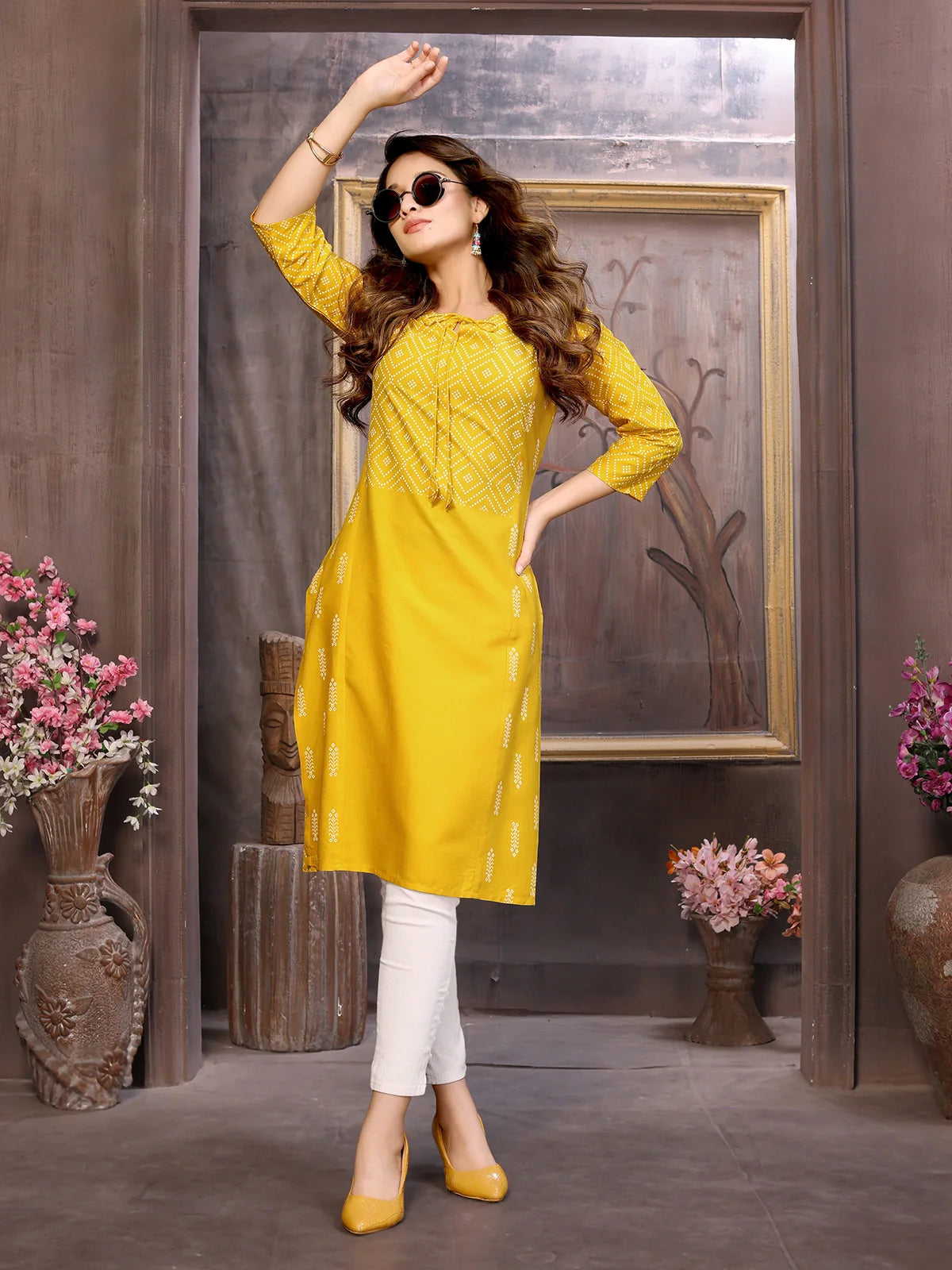 Buy Rayon Printed Calf Length Straight Kurta-Yellow