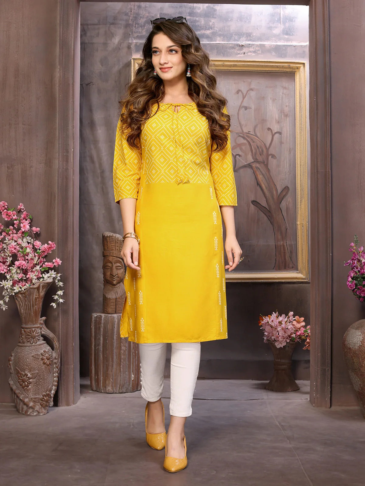 Buy Rayon Printed Calf Length Straight Kurta-Yellow