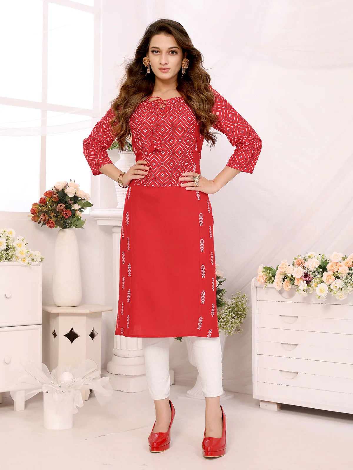 Buy Rayon Printed Calf Length Straight Kurta-Red