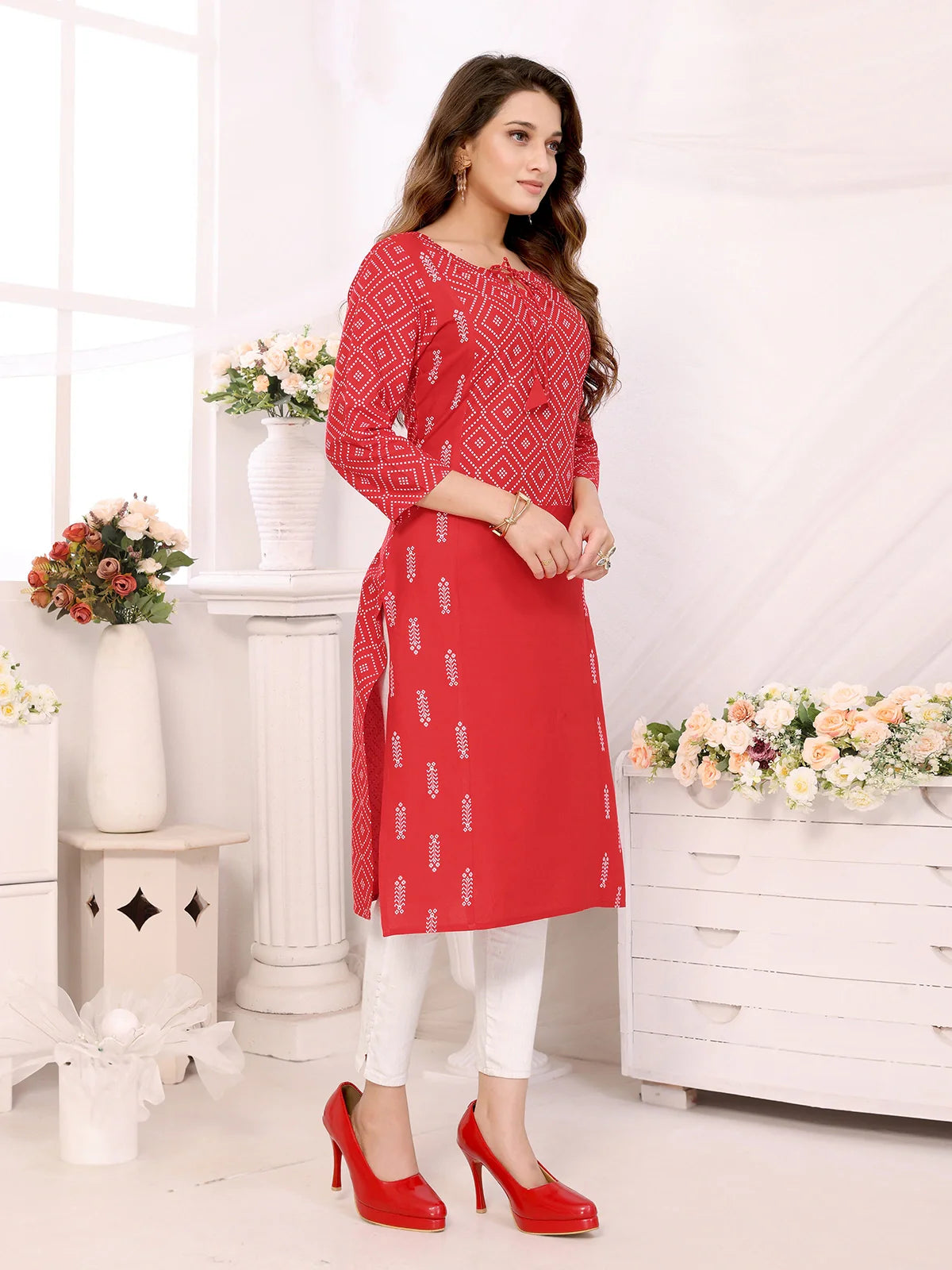 Buy Rayon Printed Calf Length Straight Kurta-Red