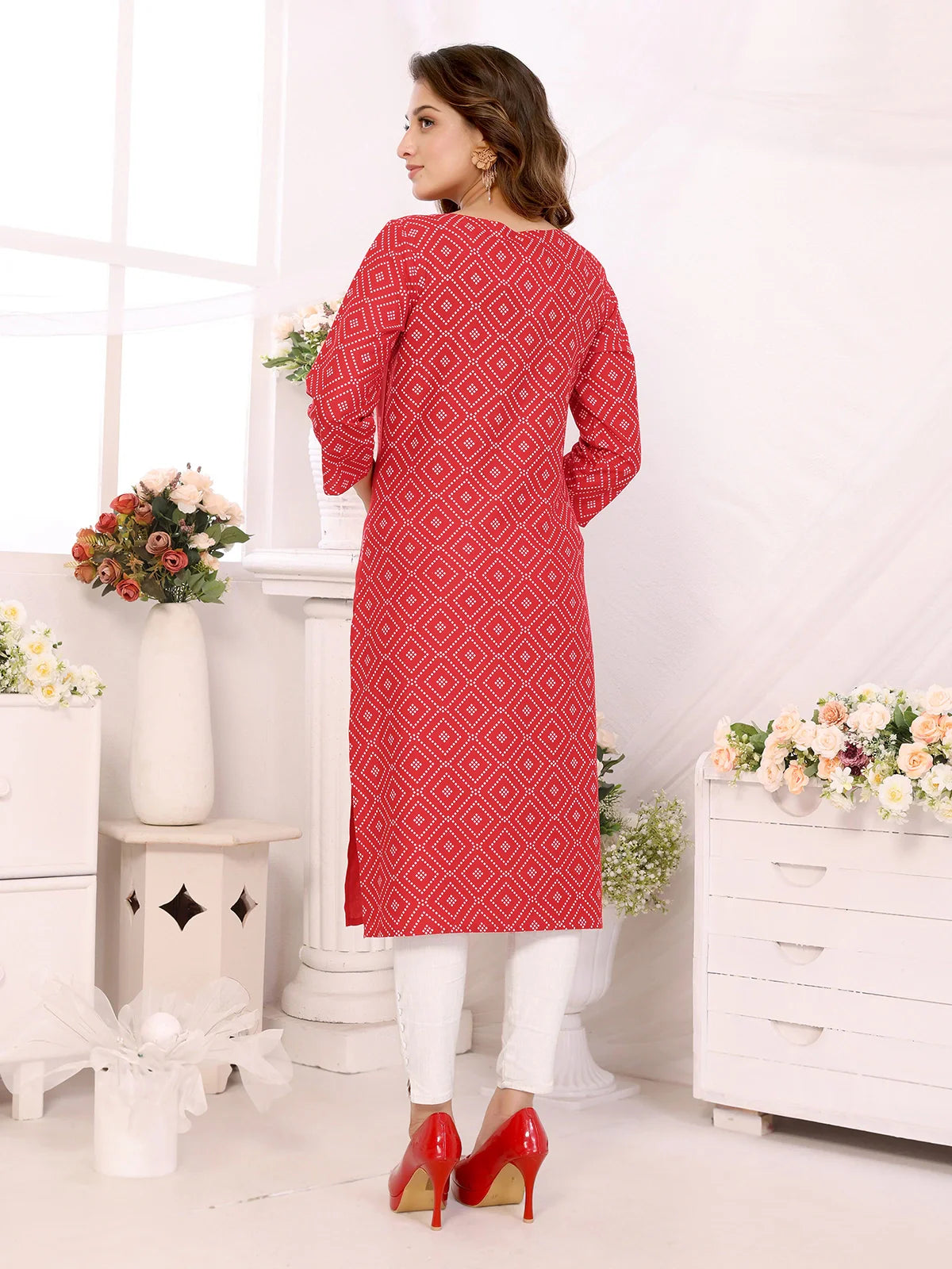 Buy Rayon Printed Calf Length Straight Kurta-Red