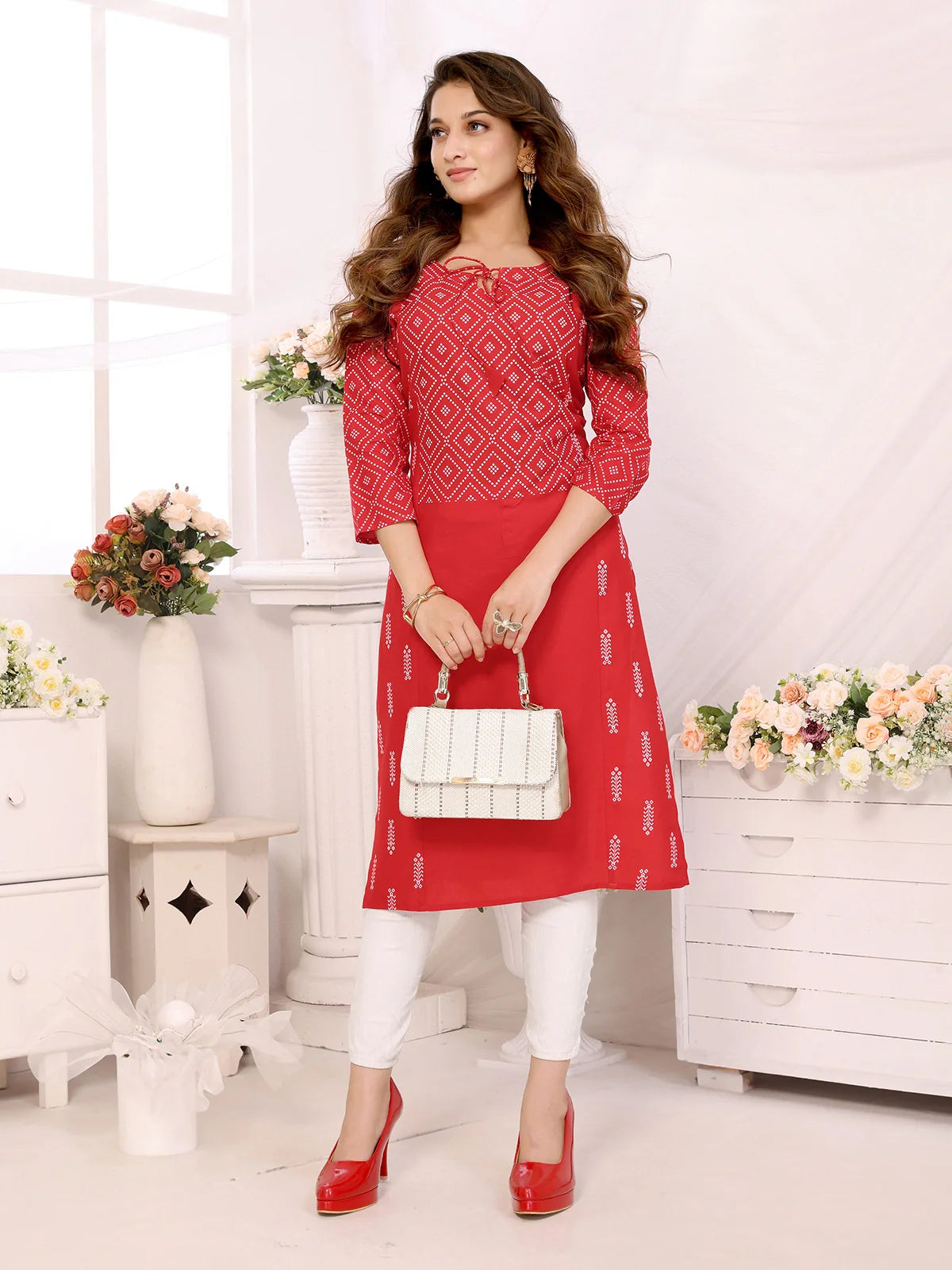 Buy Rayon Printed Calf Length Straight Kurta-Red