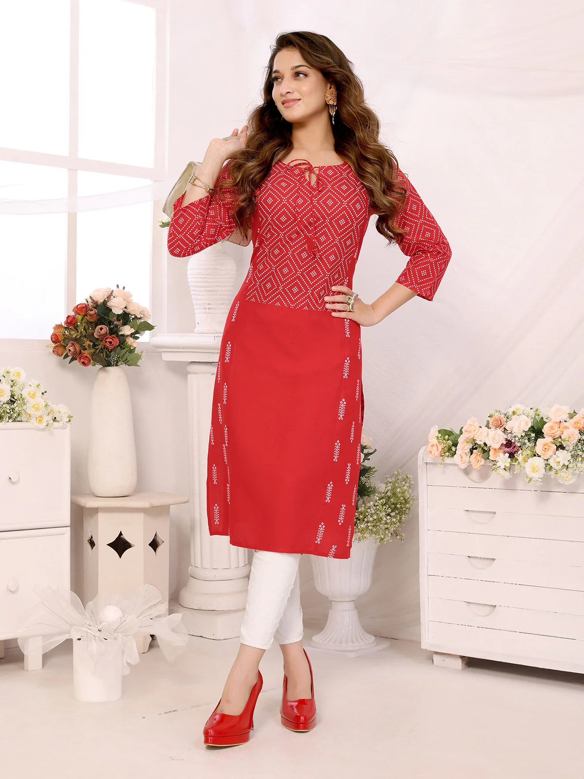 Buy Rayon Printed Calf Length Straight Kurta-Red