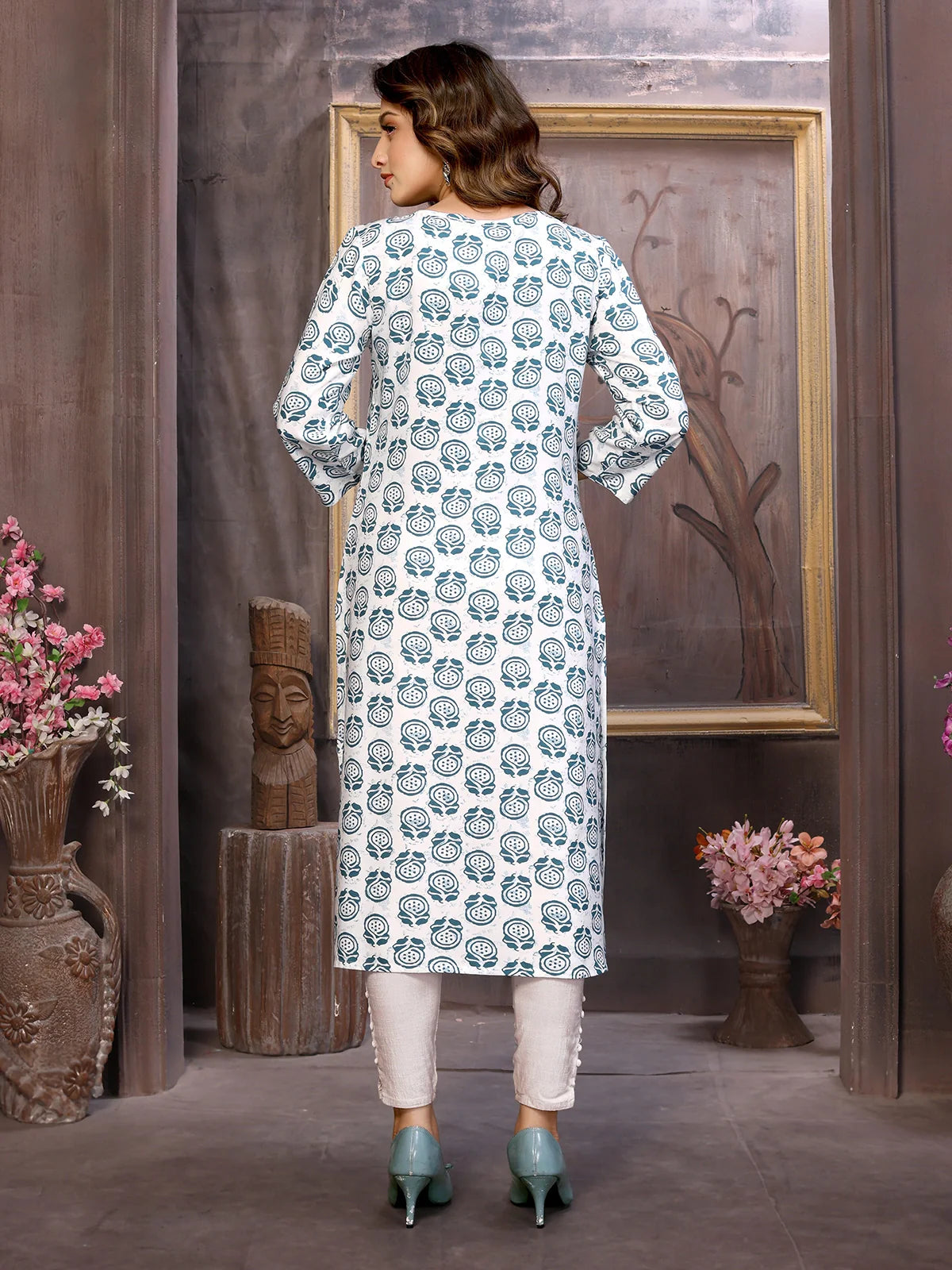 Buy Rayon Printed Calf Length Straight Kurta-Blue