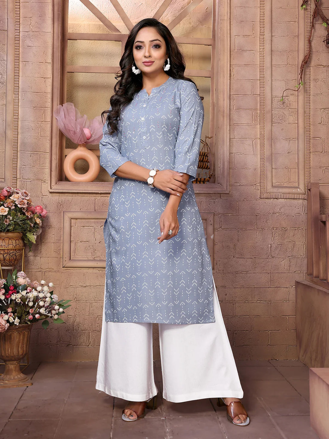 Buy Rayon Embroidered Calf Length Straight Kurta-Light Blue