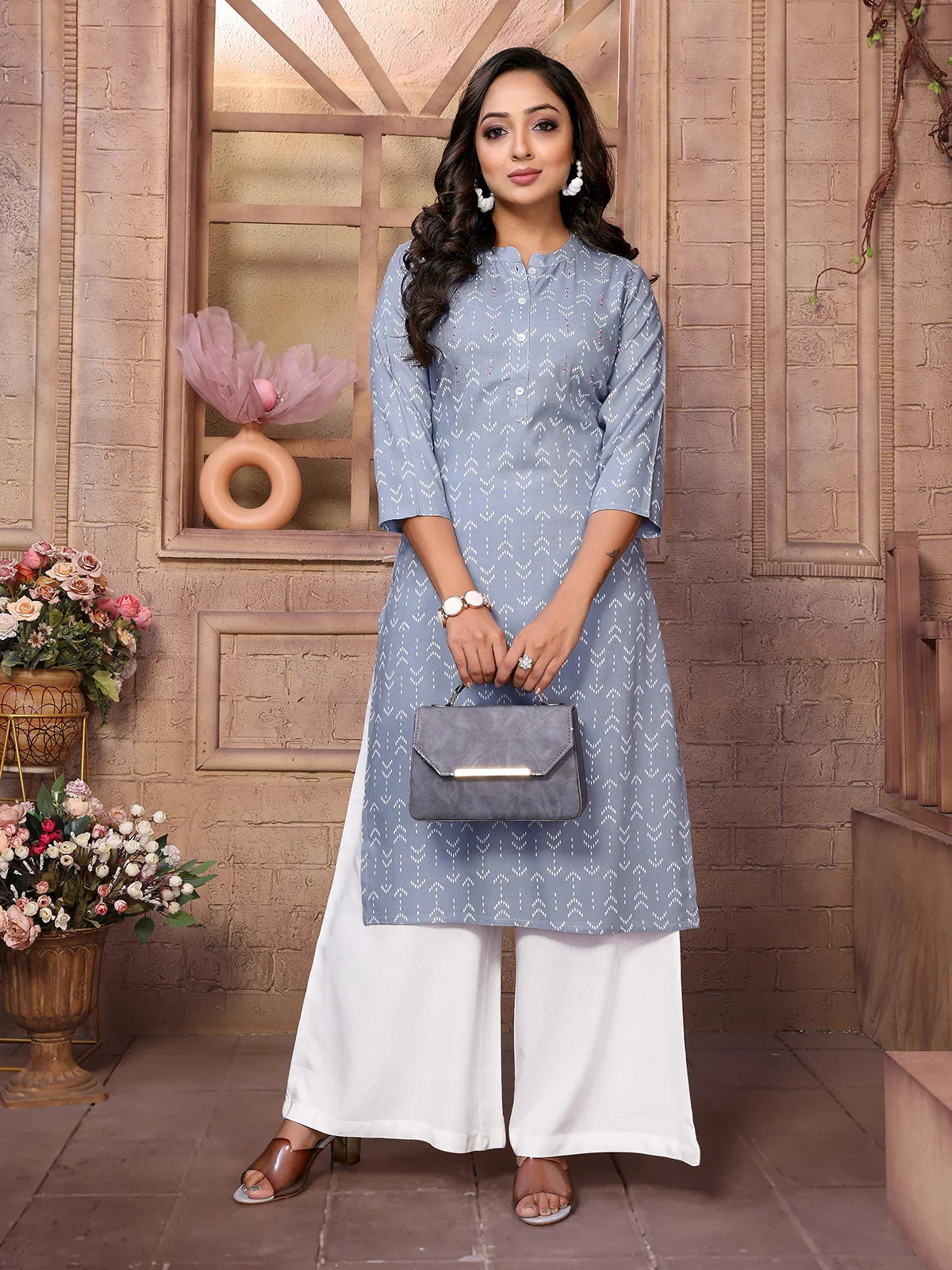 Buy Rayon Embroidered Calf Length Straight Kurta-Light Blue