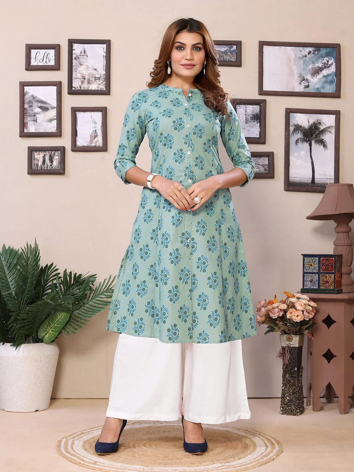 Buy Cotton Printed Calf Length A-Line Kurta-Mint Green