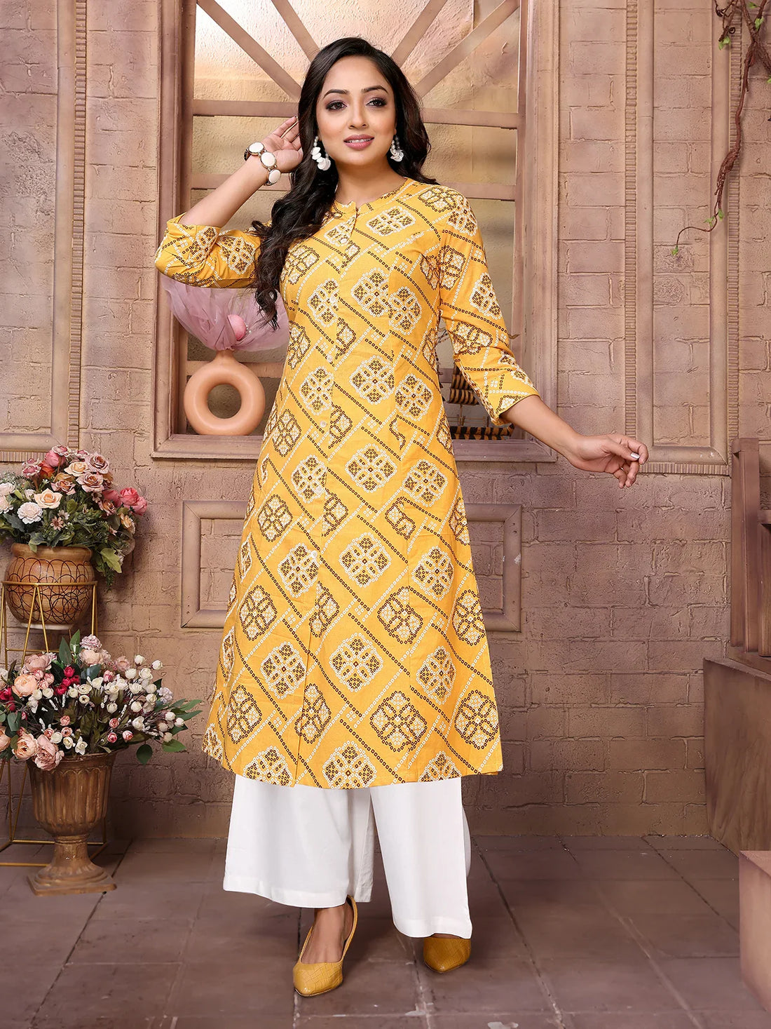 Buy Cotton Printed Calf Length A-Line Kurta-Yellow