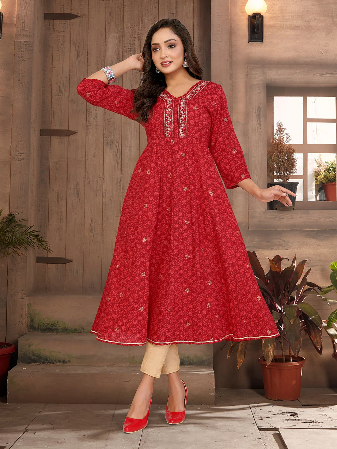 Buy Cotton Embroidered Flared Calf Length Kurta-Red