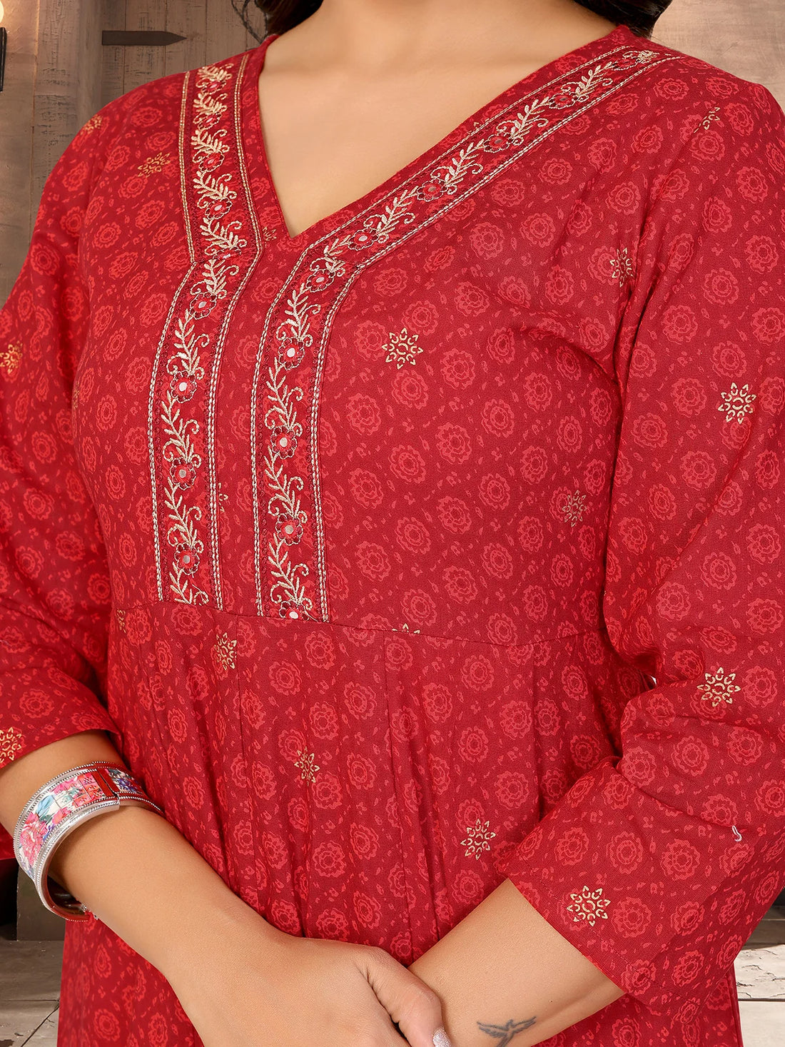 Buy Cotton Embroidered Flared Calf Length Kurta-Red