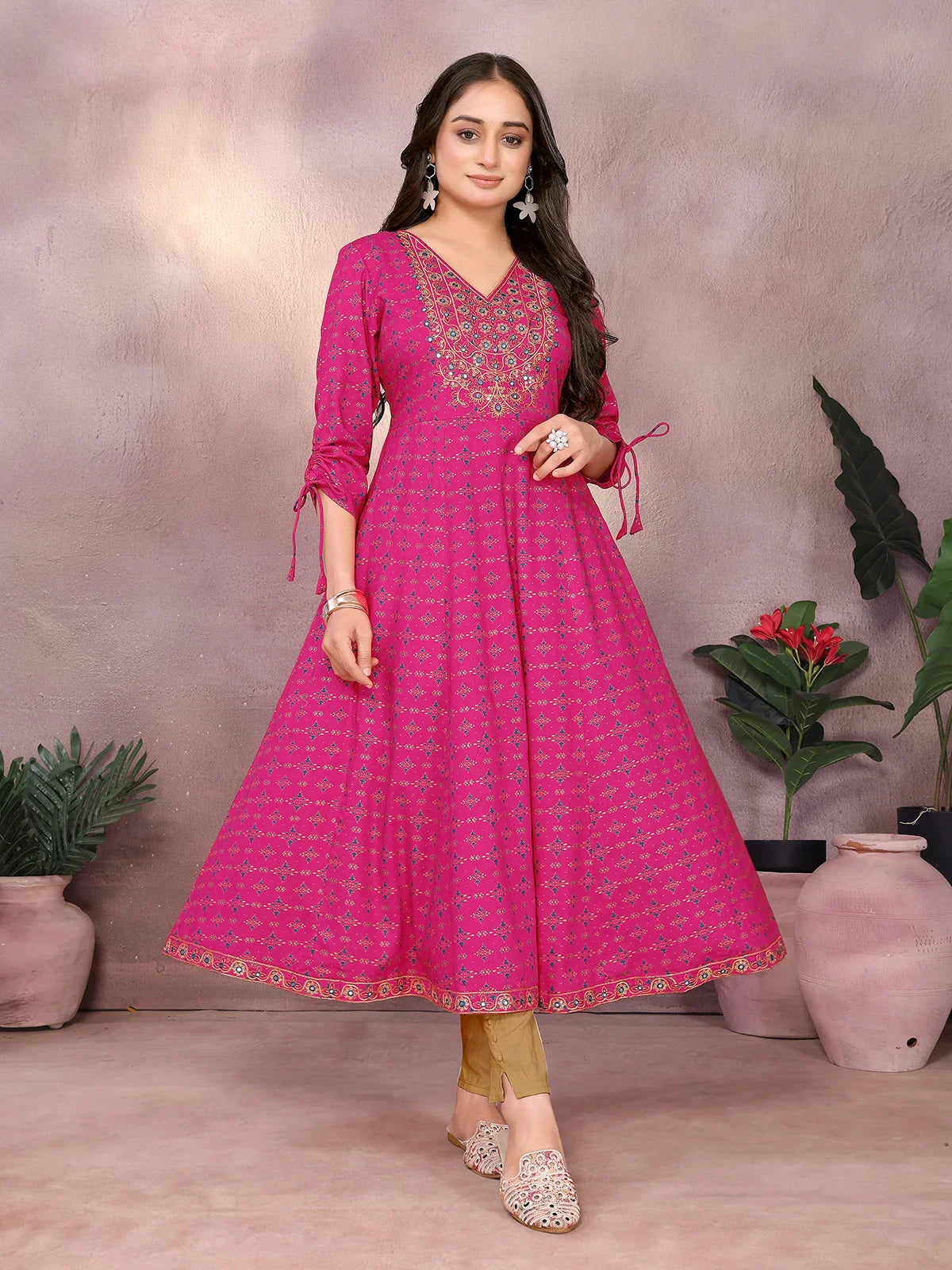 Buy Rayon Embroidered Anarkali Calf Length Kurta-Pink