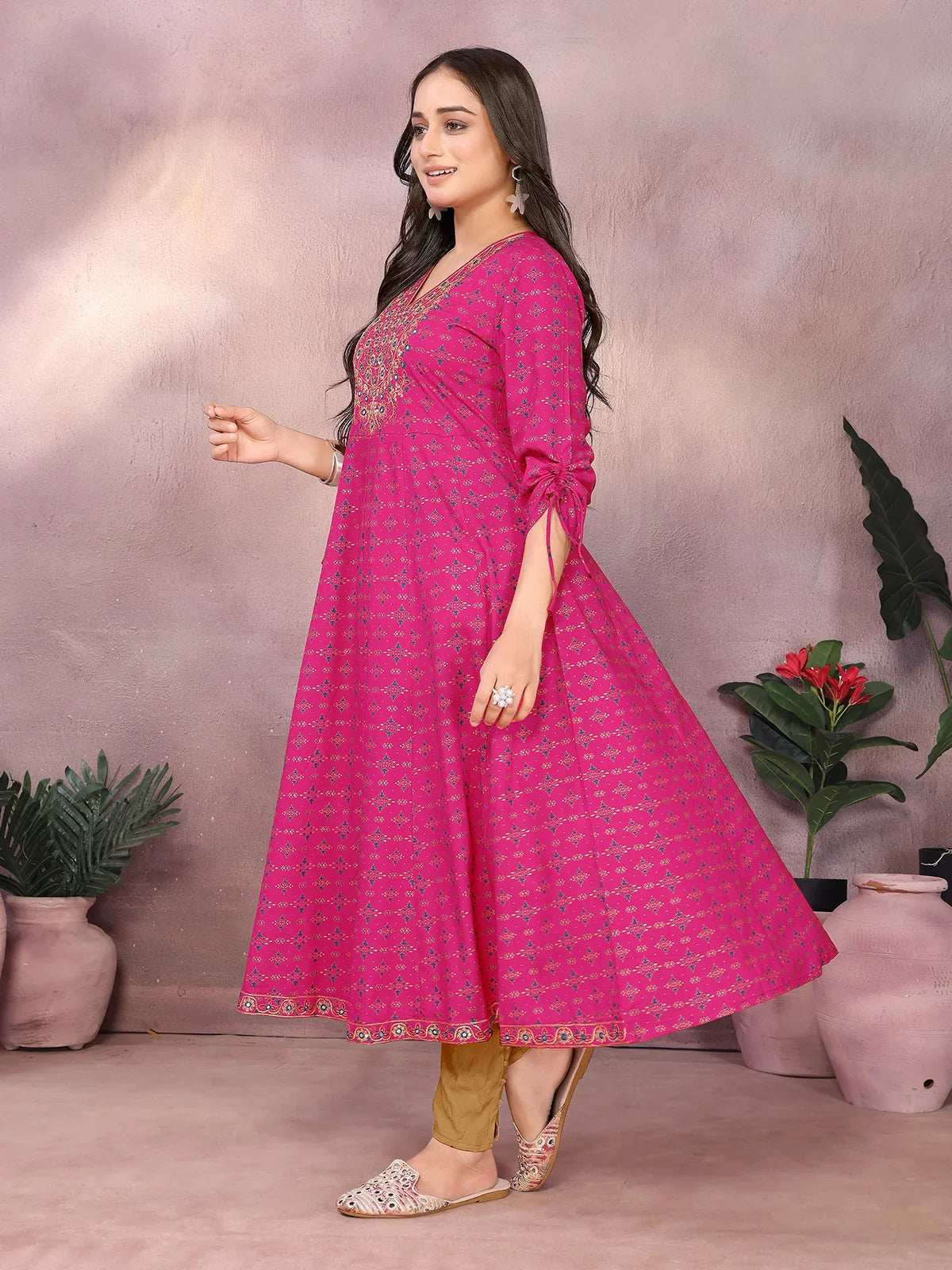 Buy Rayon Embroidered Anarkali Calf Length Kurta-Pink