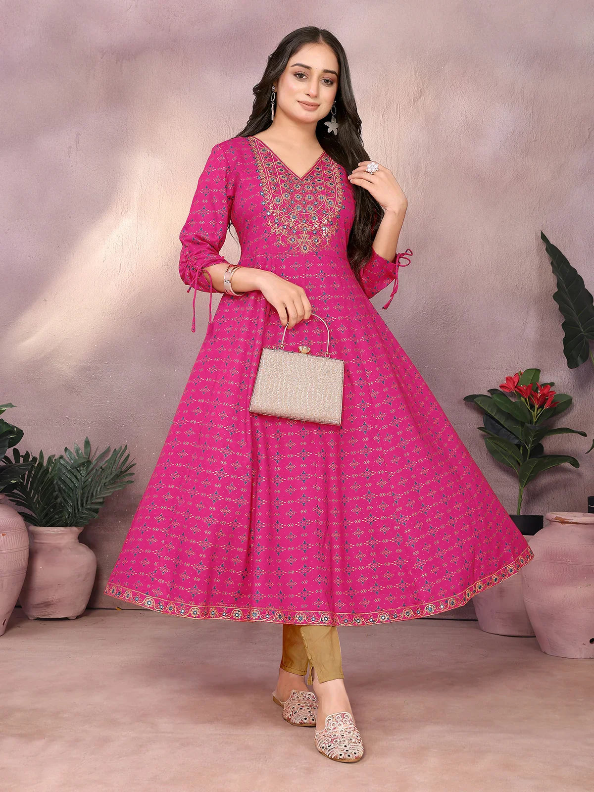 Buy Rayon Embroidered Anarkali Calf Length Kurta-Pink