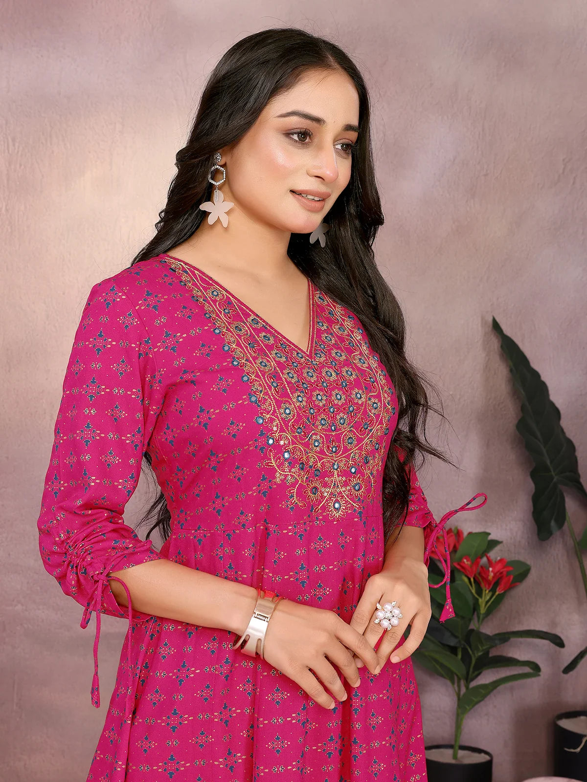 Buy Rayon Embroidered Anarkali Calf Length Kurta-Pink