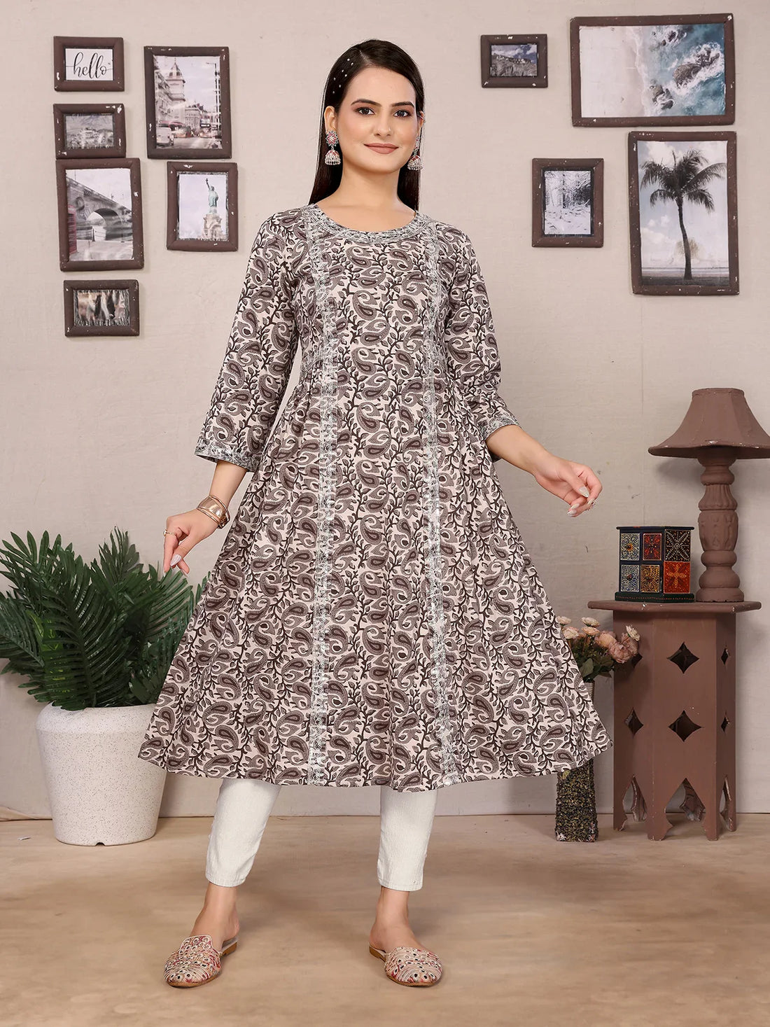 Buy Cotton Embroidered Flared Calf Length Kurta-Brown