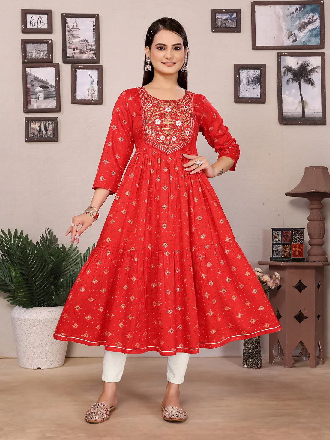Buy Rayon Embroidered Anarkali Calf Length Kurta-Red