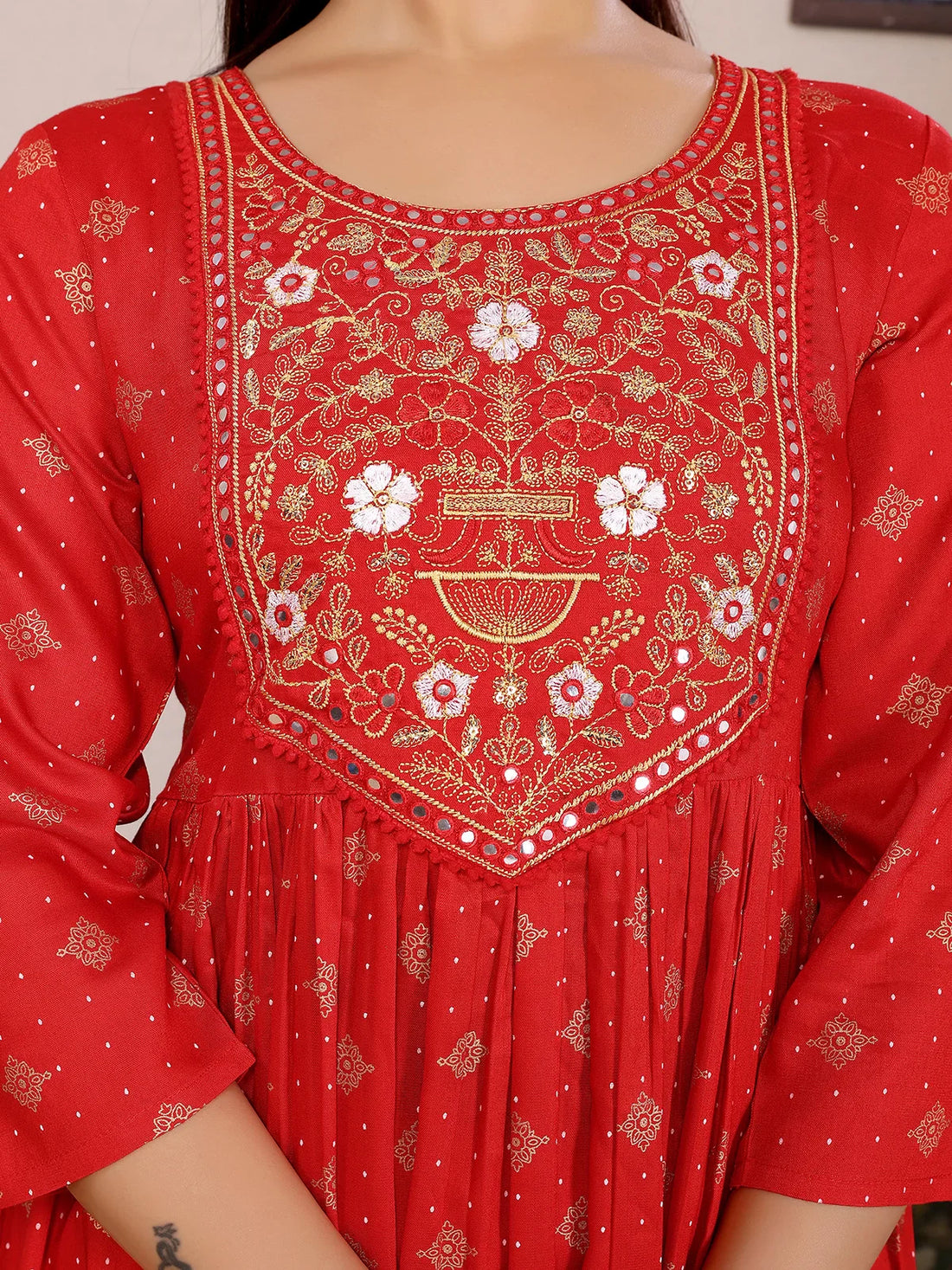 Buy Rayon Embroidered Anarkali Calf Length Kurta-Red