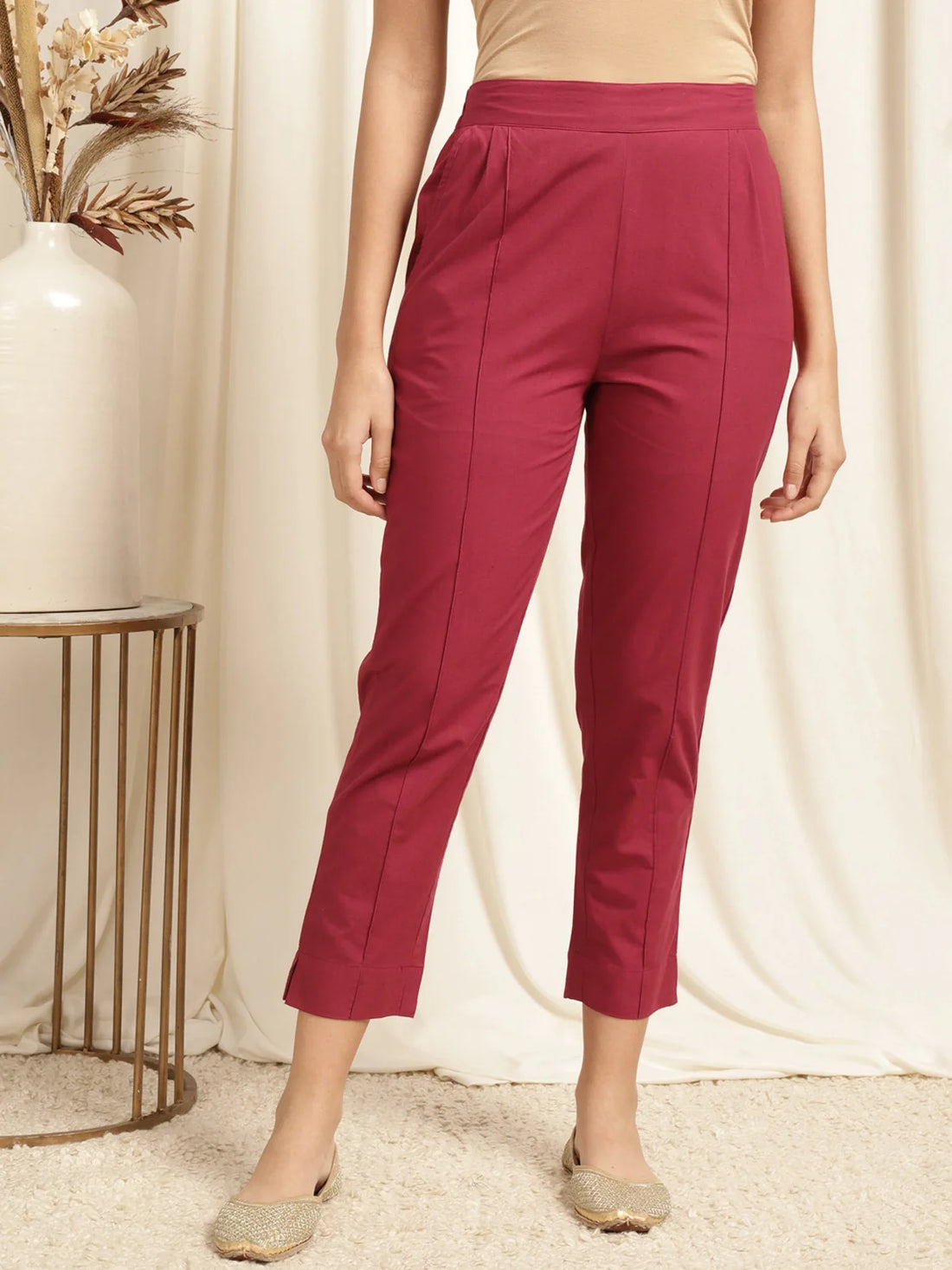 Buy Cotton Solid Calf Length Pencil Pant-Maroon