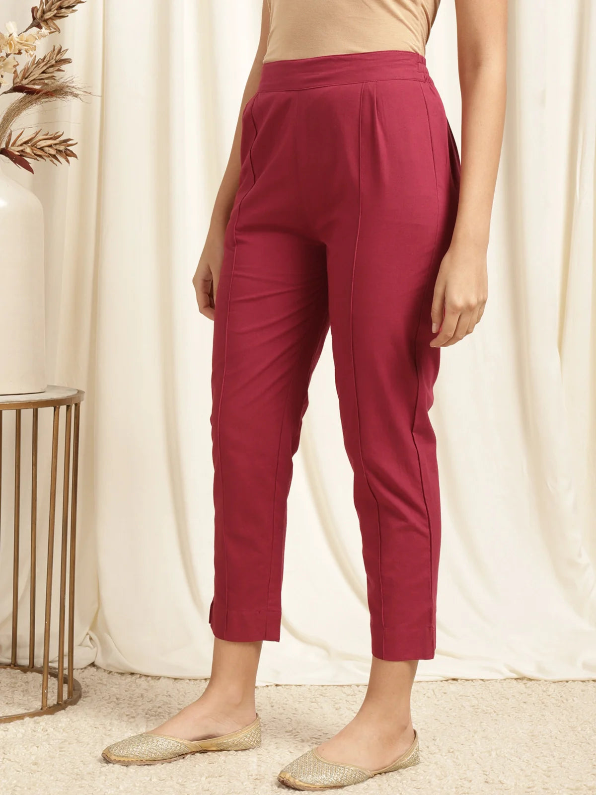 Buy Cotton Solid Calf Length Pencil Pant-Maroon